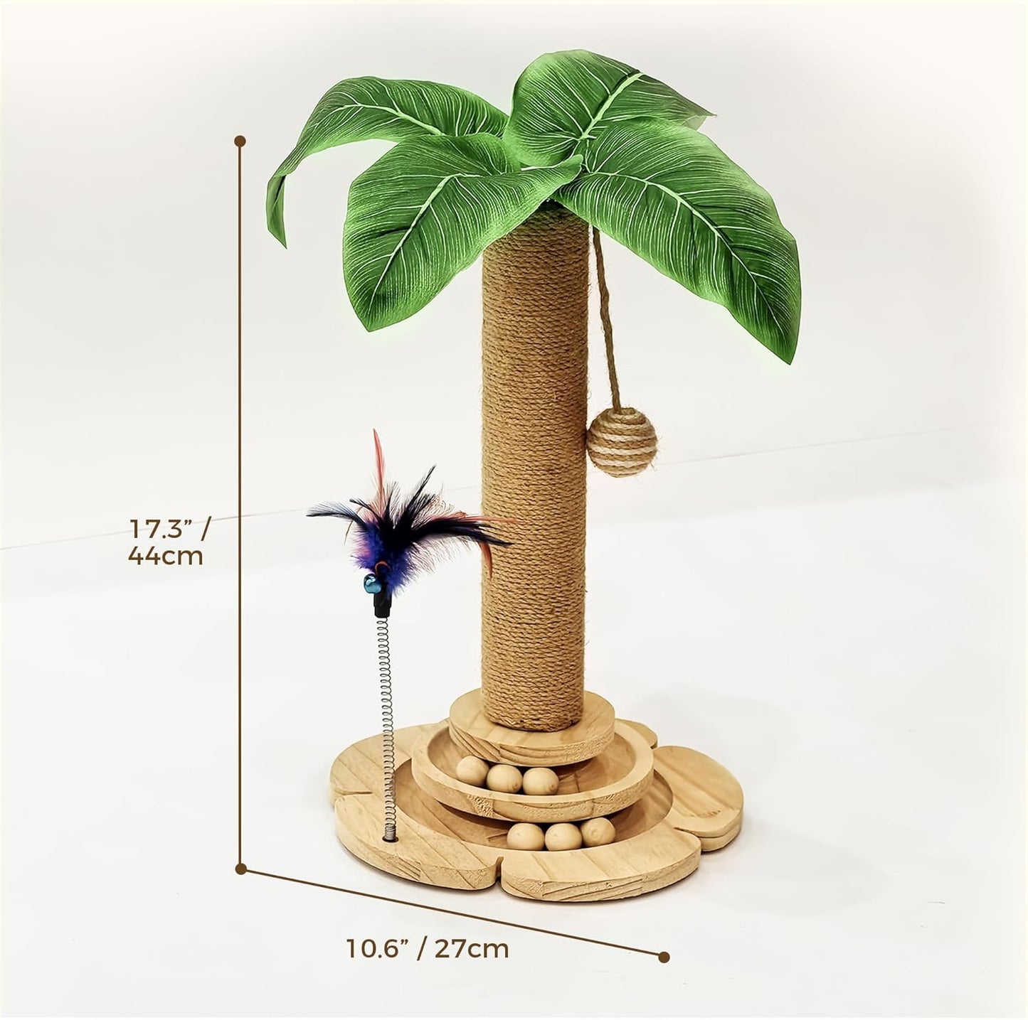 Cat Scratching Post, Cat Scratcher Toy for Indoor Cats, 17.3" Tall Scratch Post with 2-Layer Ball Tracks, Interactive Feather Toy and Sisal Hanging Ball, Banana Tree Cat Tower for Kittens