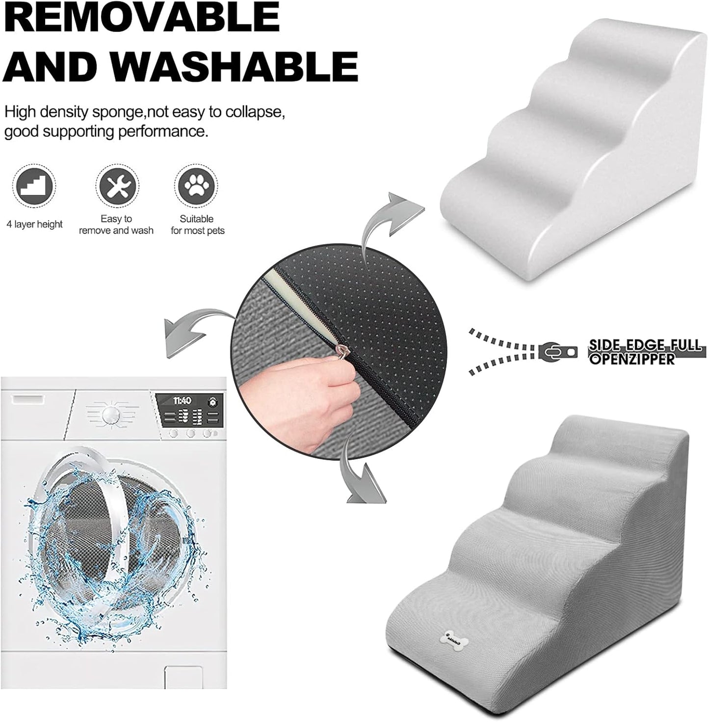 Dog Stairs, 4-Step Non-Slip Pet Ramp, High Resilience Sponge, Pink