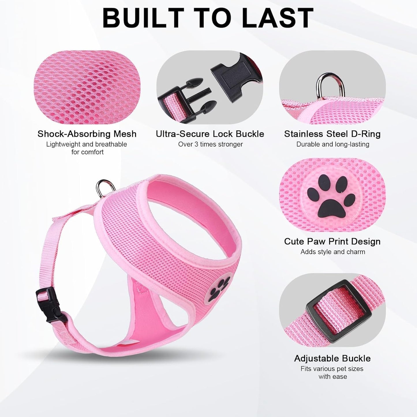 BINGPET No Pull Dog Harness,Soft Mesh Breathable All Weather Vest Harness,Safety Protection Design Durable Adjustable Step-in Easy Walk Dog Harness for Small Medium Large Dogs(LightPink,L)