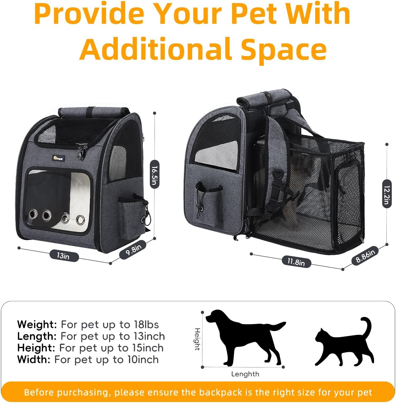Hoopet Expandable Cat Backpack Carrier – Breathable Pet Carrier for Small Cats & Dogs, Foldable Travel Backpack with Mesh Ventilation for Hiking, Walking, Camping, Dark Grey