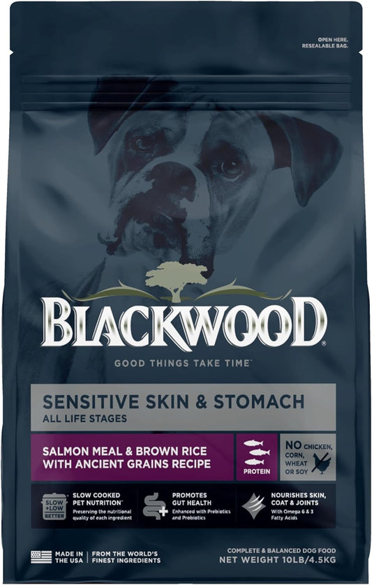 Blackwood Sensitive Skin & Stomach Dry Dog Food, Salmon Meal & Brown Rice with Ancient Grains, 10 Pound Bag with Prebiotics & Probiotics to Promote Gut Health