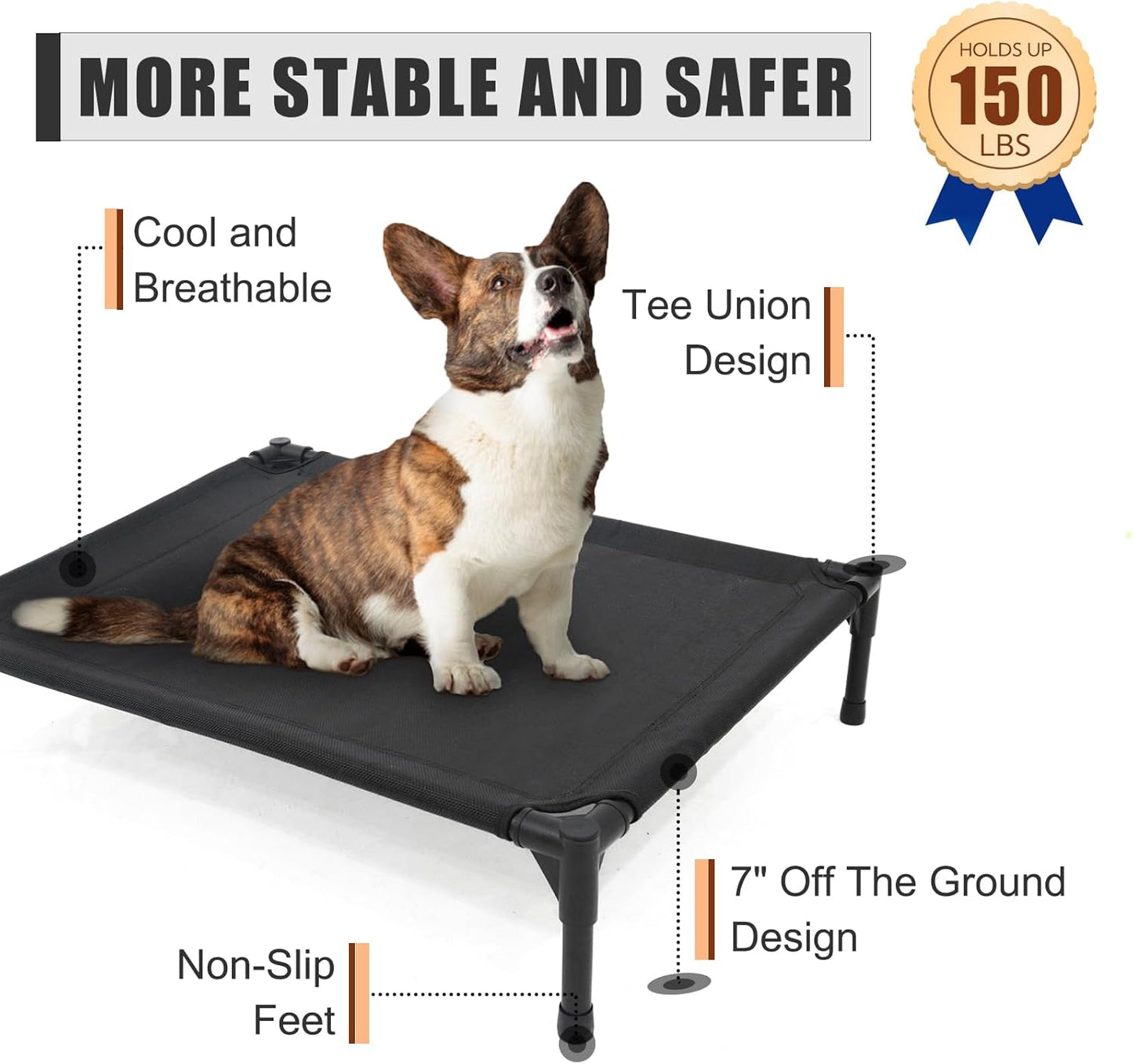 Elevated Dog Bed - Raised Dog Cot Fits Up to 150 LBs, Heavy Duty Pet Cot with Durable Supportive Mesh, Indoor & Outdoor, Black