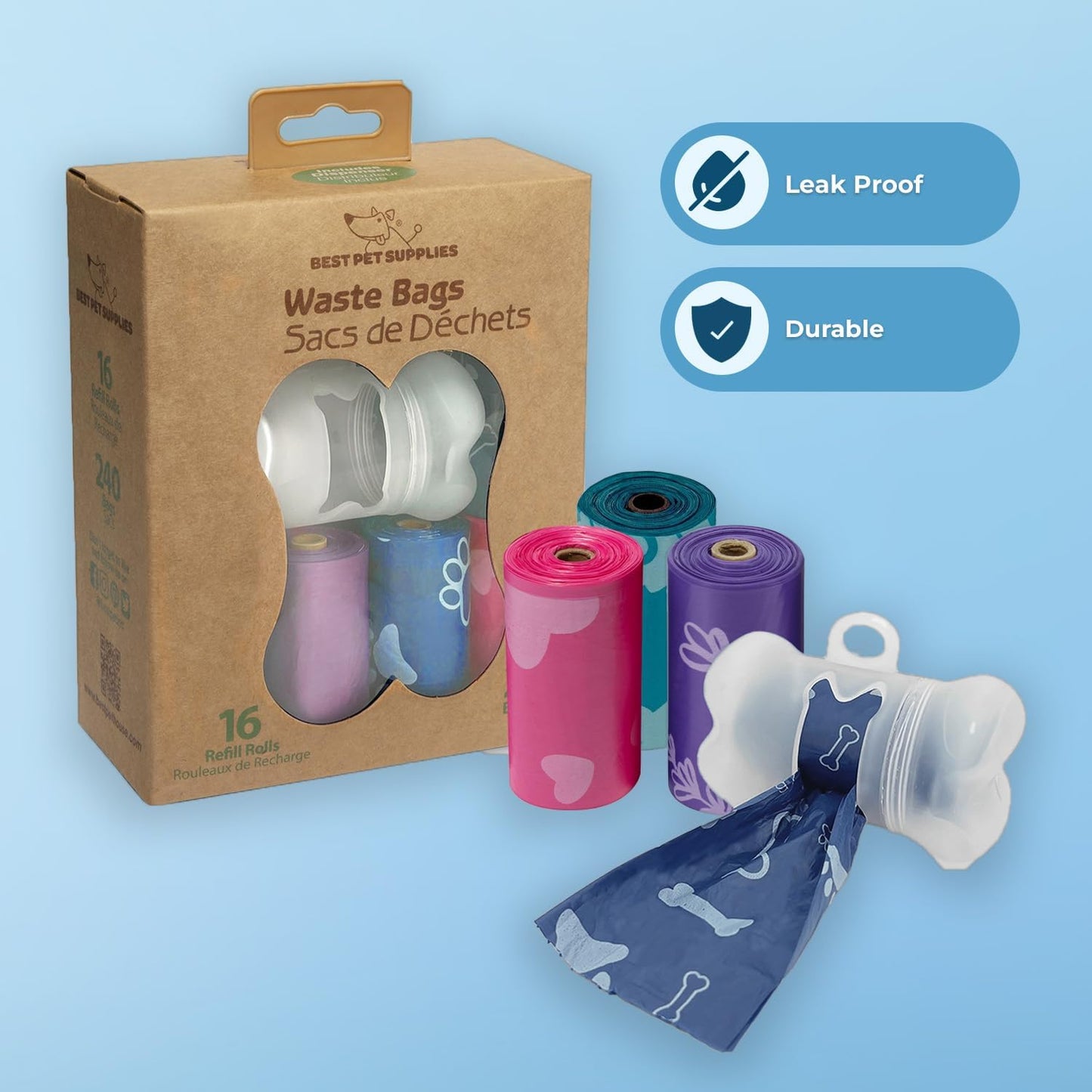 Best Pet Supplies Dog Poop Bags for Waste Refuse Cleanup, Doggy Roll Replacements for Outdoor Puppy Walking and Travel, Leak Proof and Tear Resistant, Thick Plastic - Assorted Colors, 240 Bags