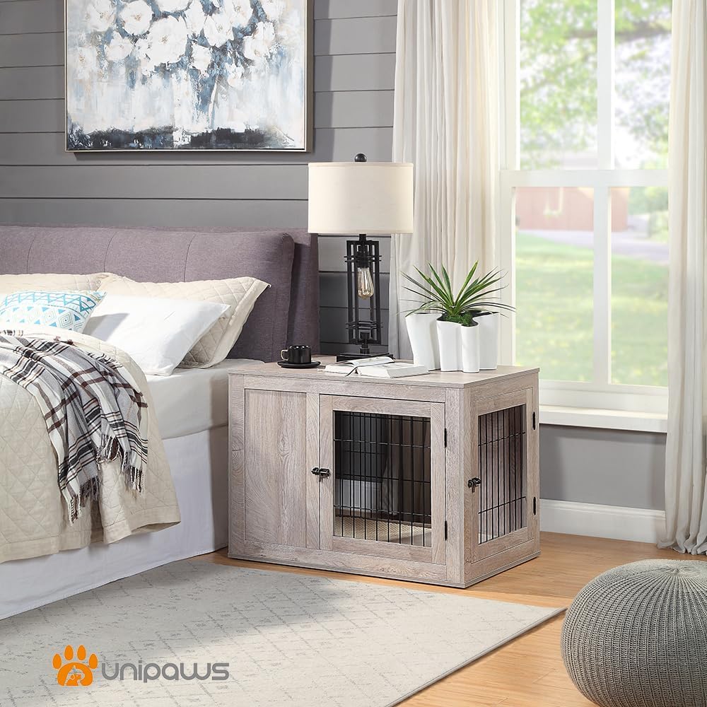 unipaws 36 Inch Furniture Style Dog Crate for Medium Dogs, Indoor Puppy Kennel with Door, Modern Decorative Wood Wire Pet Cage, Pretty Cute End Side Table Nightstand, Weathered Grey