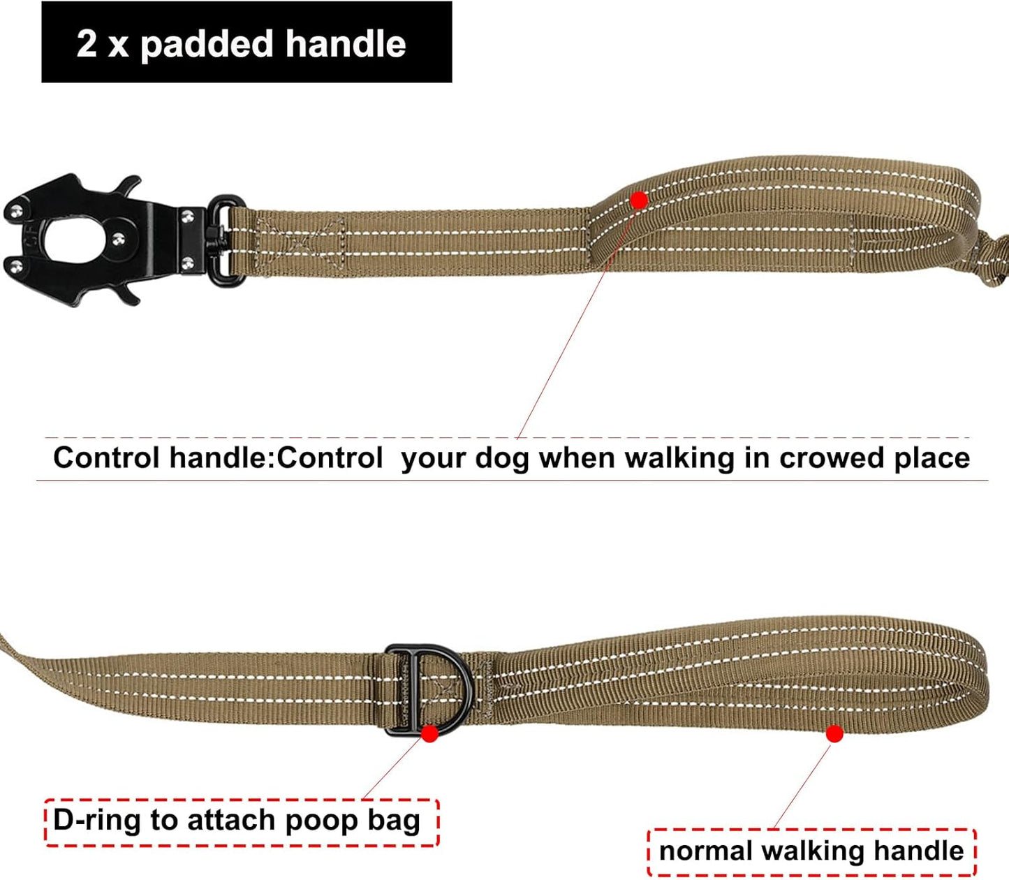 ICEFANG Tactical Dog Leash,K9 Training Walking Bungee Lead with 2 Control Handle,Heavy Duty Quick Release Metal Clasp,Hands Free D-Ring for Medium Large Dogs (4ft,Reflective Brown)