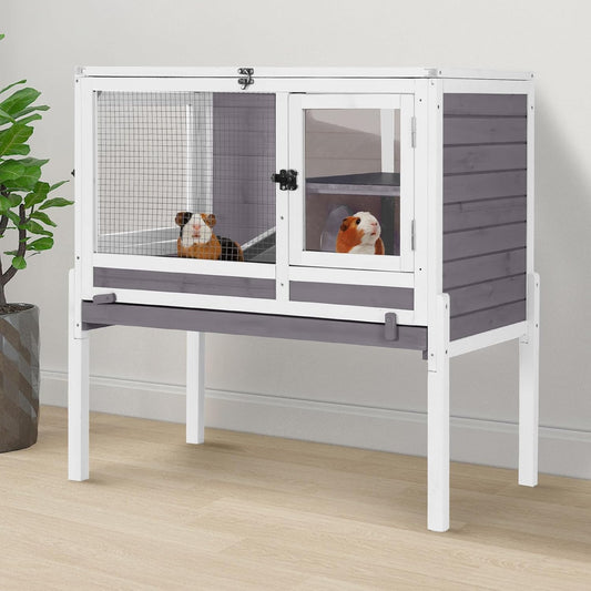 GUTINNEEN Indoor Guinea Pig Cage Rabbit Hutch with Chew-Proof Ramp, 2-Story Wooden Bunny House with Pull-Out Trays & Leakproof PVC Layer, Small Animal Cages with Detachable Legs (Gray)