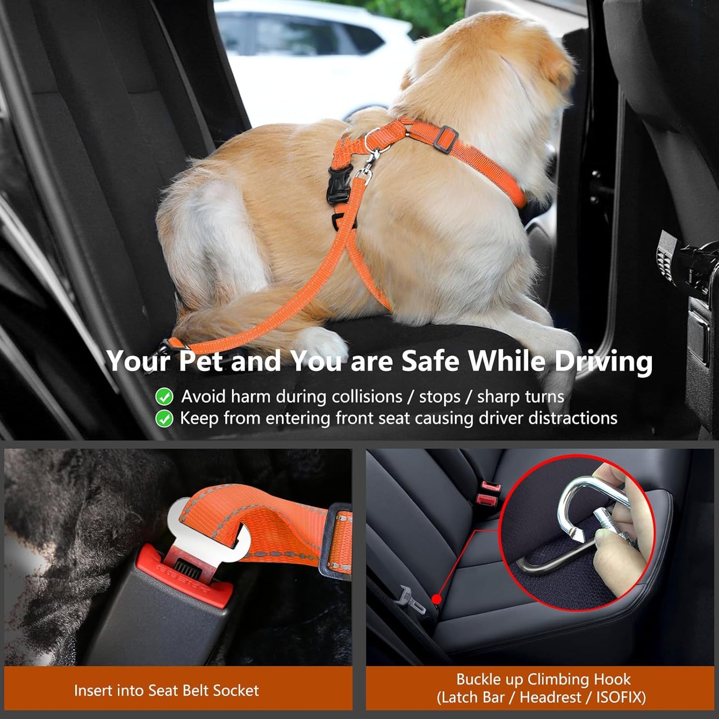 Dog Seat Belt Harness for Car, Dog Car Harness Adjustable Mesh Breathable & Dogs Seatbelt Safety Tether with Elastic Bungee for Small Medium Large Pets(Orange, M)