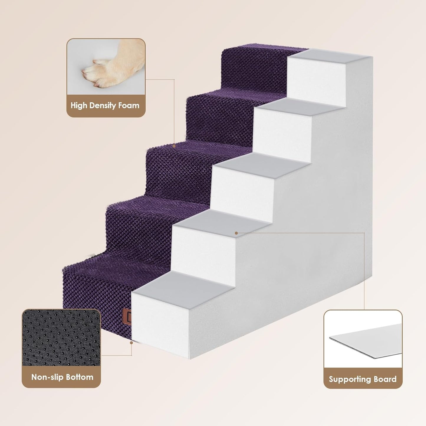 EHEYCIGA Dog Stairs for High Bed 22.5" H, 5-Step Dog Steps for Bed, Pet Steps for Small Dogs and Cats, Non-Slip Balanced Pet Ramp Indoor, Purple