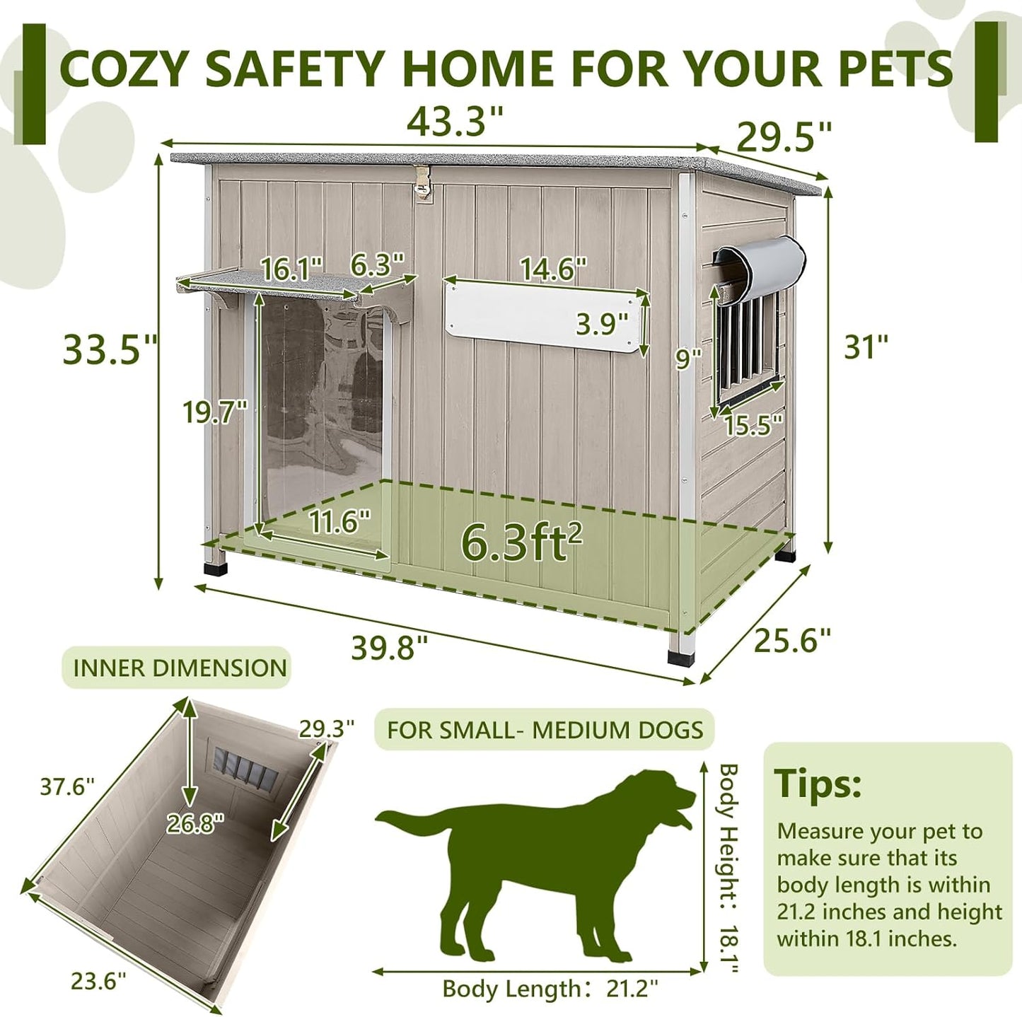 Large Dog House Outdoor XL Wooden Dog House with Weatherproof Asphalt Roof, Chew-Resistant Frame, Removable Floor, for Medium to Large Dogs Indoor Outdoor Use (Grey, 43.3"L x 29.5"W x 33.5"H)