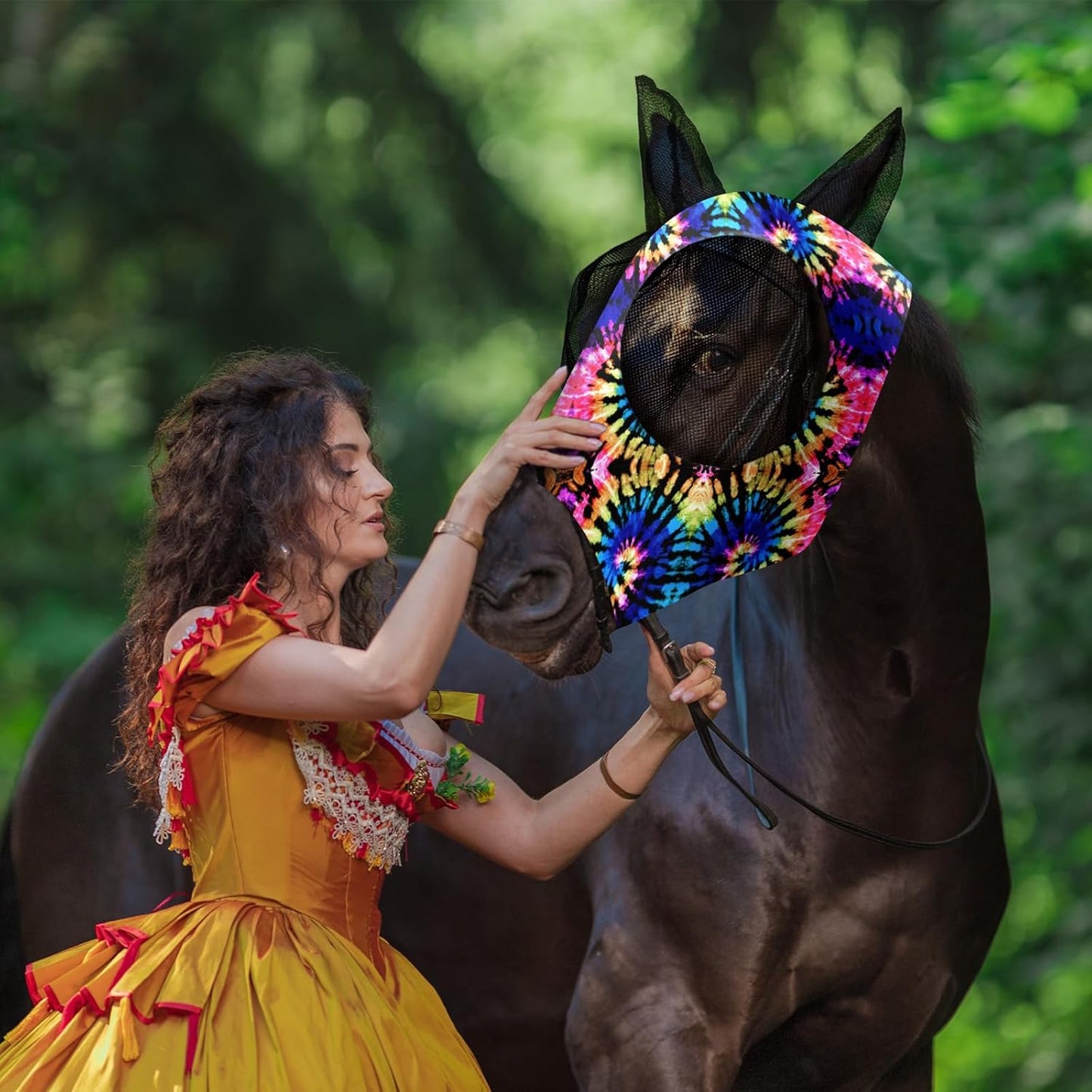 Qualirey12 Pieces Horse Fly Mask Bulk Comfortable Elasticity Mask for Horses with Ears Net UV Protection Breathable Face Covering for Pony and Foal(Medium, Tie Dye Patterns)