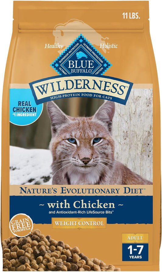 Blue Buffalo Wilderness High-Protein, Grain-Free Natural Dry Food for Adult Cats, Weight Control, Chicken, 11-lb Bag