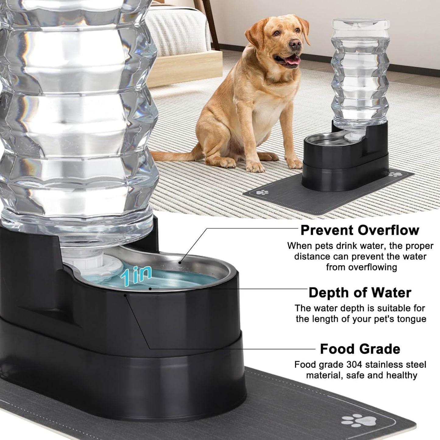 RIZZARI Large Water Dispenser for Dogs: 9L Automatic Stainless Steel Gravity Raised Black Pet Feeder for Pet Dogs Indoor/Outdoor