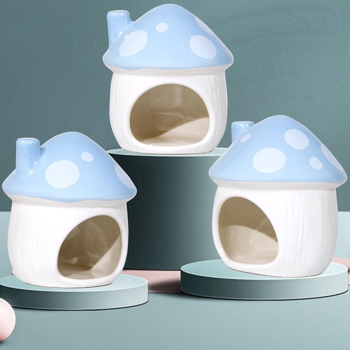 Ceramic Mushroom Hamster Hideout - Hamster Habitat for Hamsters Chinchillas Hedgehogs and Gerbils Mouse Small Pet Guinea Pigs House Hamster Bed (Blue)