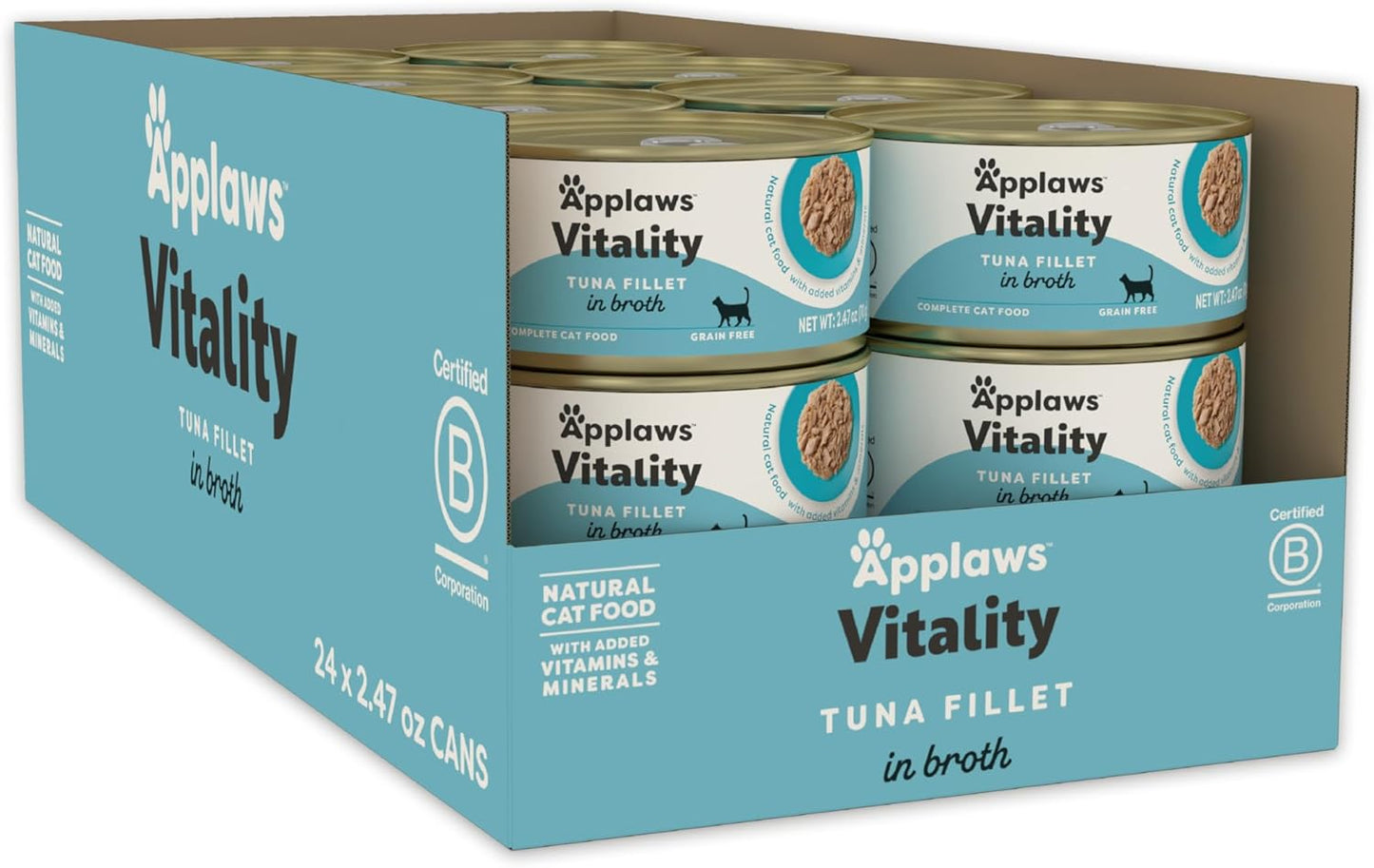 Applaws Vitality Wet Cat Food in Broth, Natural Canned Cat Food, Wet Food for Cats with Added Vitamins and Minerals, Grain Free, Carrageenan Free, Tuna Fillet in Broth (24 Count, 2.47 oz Cans)