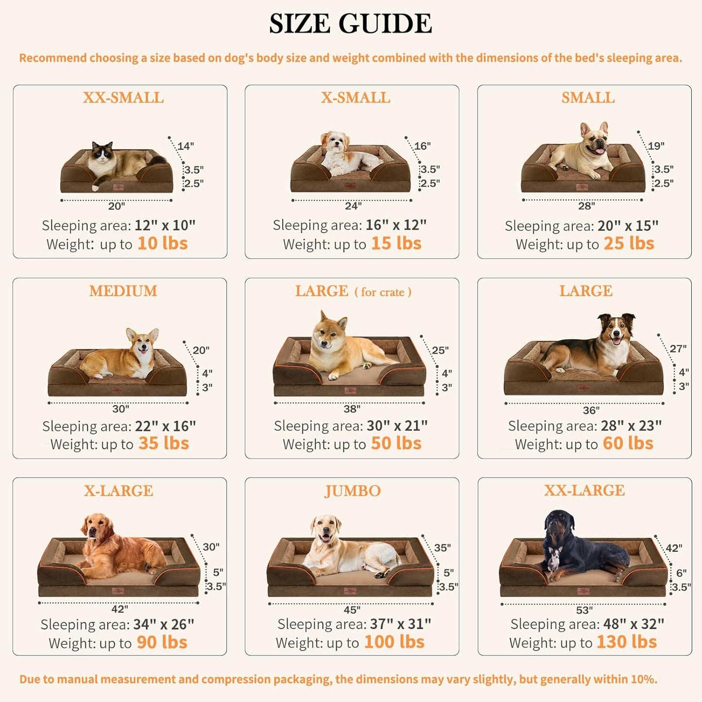 Comfort Expression Large Dog Beds Orthopedic Foam, Waterproof Dog Beds Dogs Sofa Bed Comfy Pet Bed with Washable Removable Cover & Non-Slip Bottom(Large,Brown)