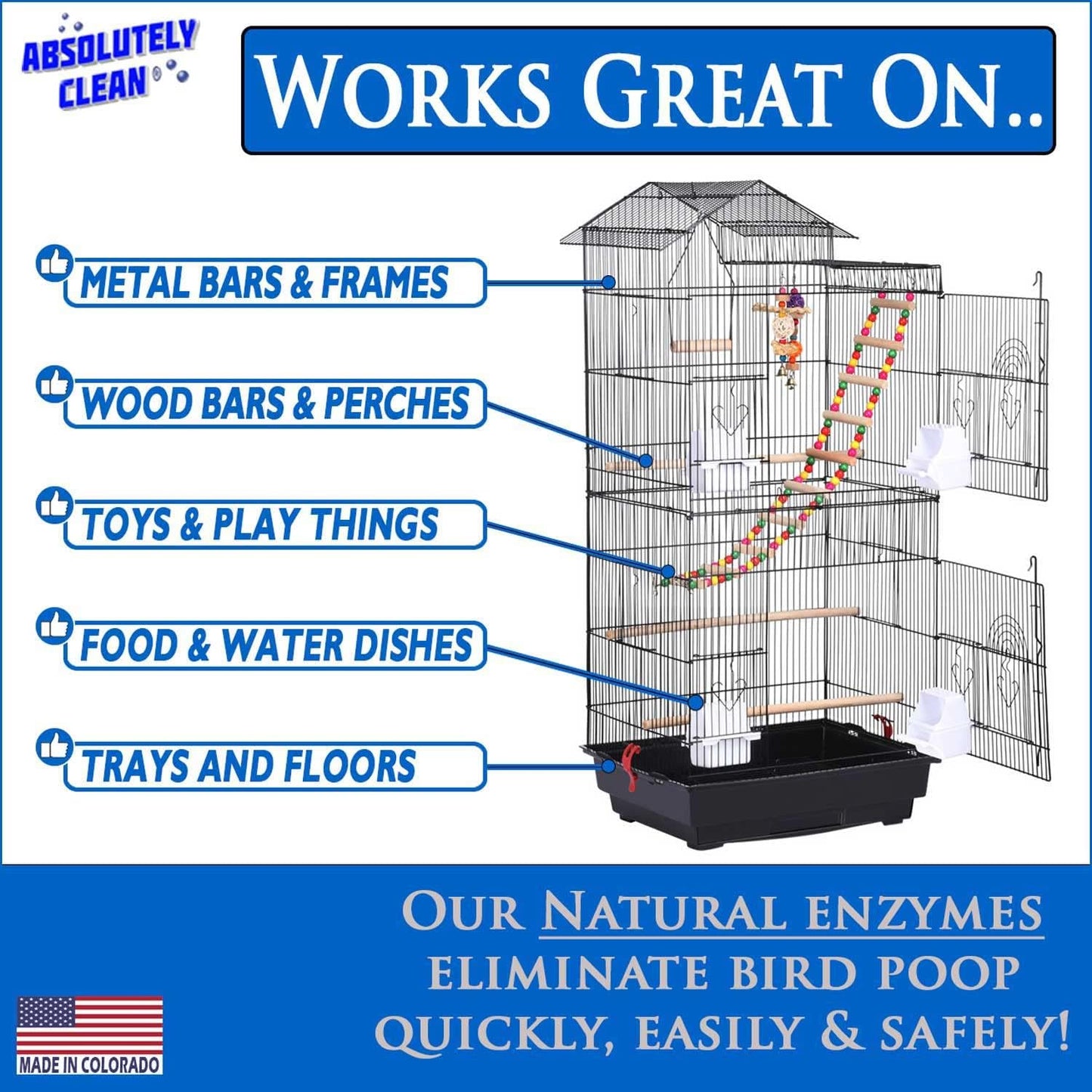 Absolutely Clean Amazing Bird Cage Cleaner and Deodorizer - Just Spray/Wipe - Safely & Easily Removes Bird Messes Quickly and Easily - Made in The US - Fragrance Free (16oz Pack of 1)