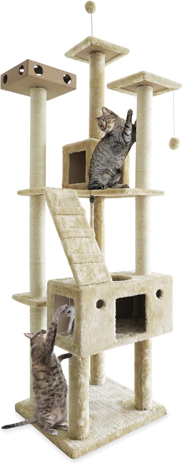 Furhaven 69.3" Tall Cat Tree for Indoor Cats, Ft. Sisal Scratching Posts, 2x Cat Condos, & Toys - Tiger Tough Double Decker Interactive Playground Tower - Cream, One Size