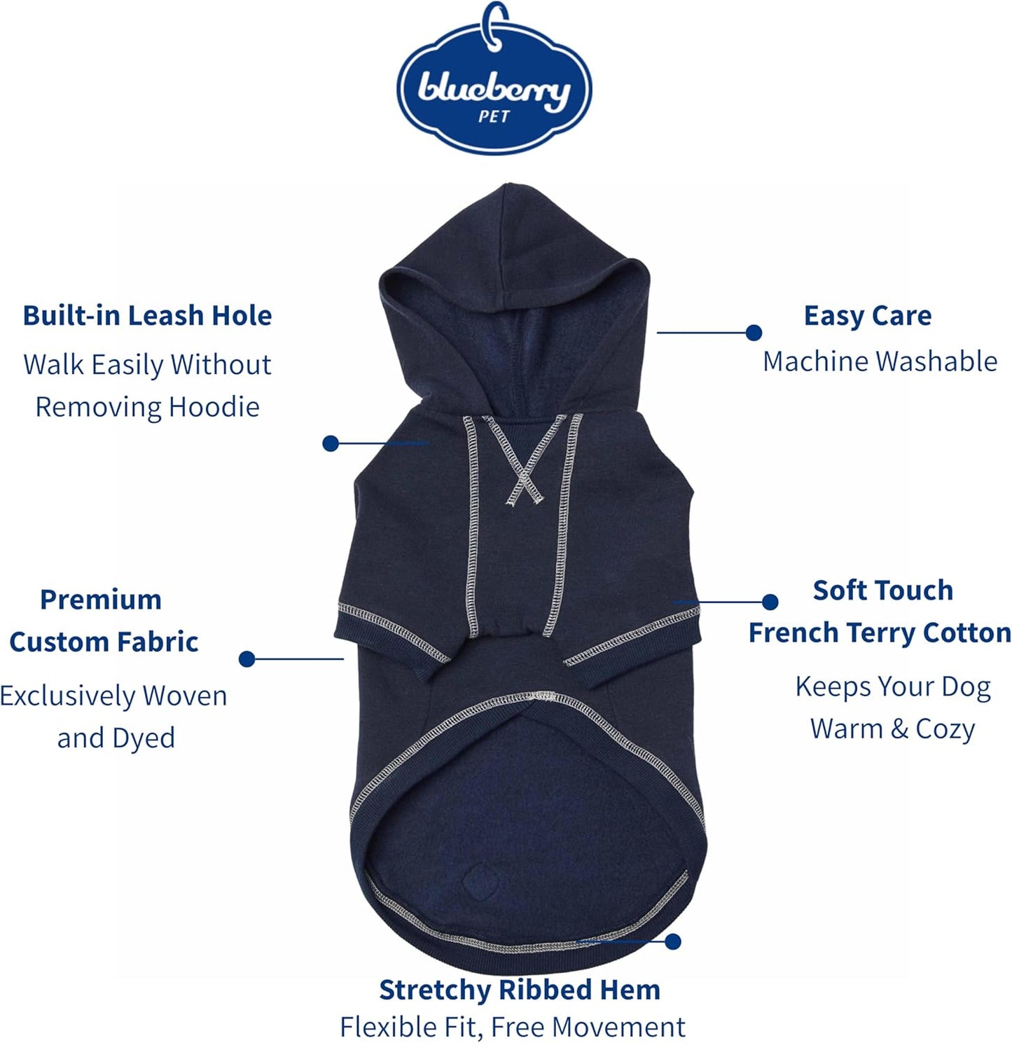 Blueberry Pet Essentials Dog Hoodie – 24 inch, Cotton‑Blend Sweatshirt with Hood, Midnight Blue, Machine‑Washable Small‑Dog Jersey