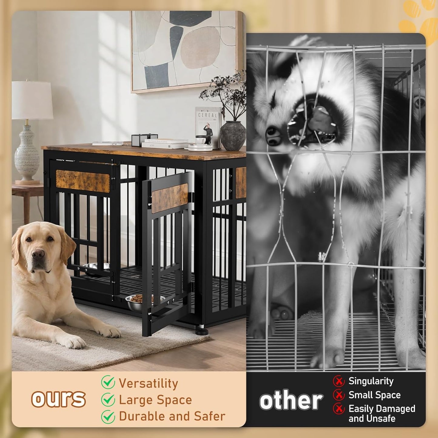 Dog Crate Furniture End Table 38 Inch Hidden Kennel Cabinet with Removable Tray, Thickened Metal Frame Dog Cage, Dual-Purpose Pet House & Nightstand for Living Room