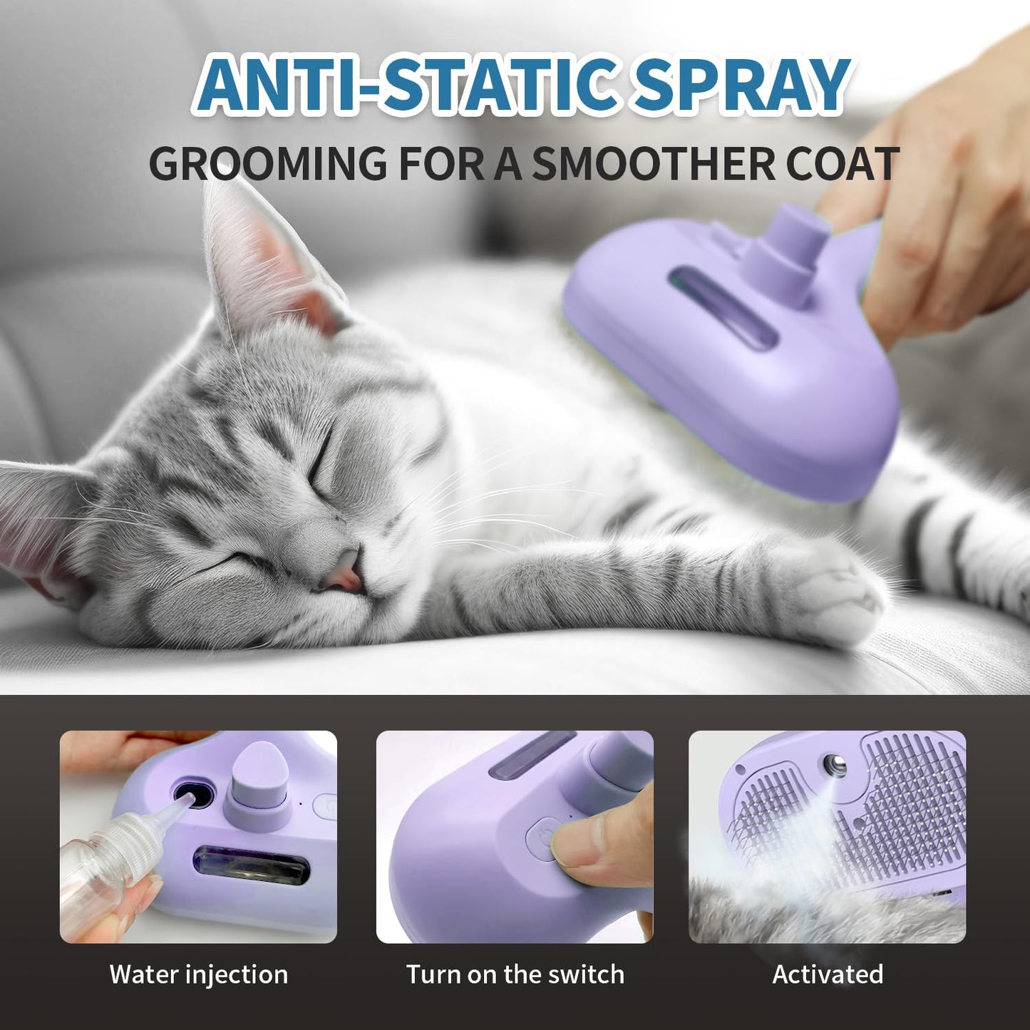 3 in 1 Steam Cat Brush for Shedding - Self-Cleaning Dog Grooming Tool for Long and Short Hair Pets - Removes Static, Flying Hair, and Loose Fur (Purple)