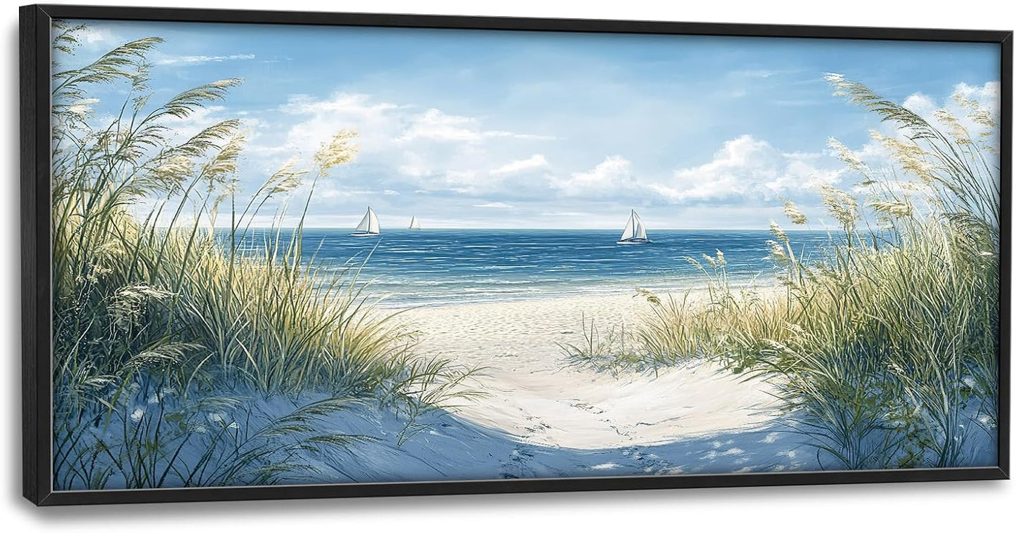 Framed Large Beach Wall Art for Living Room, Oversized Coastal Nautical Wall Decor Sailboat Canvas Seaside Pictures Modern Artwork Home Decoration for Living Room Bedroom Office 60"x30"