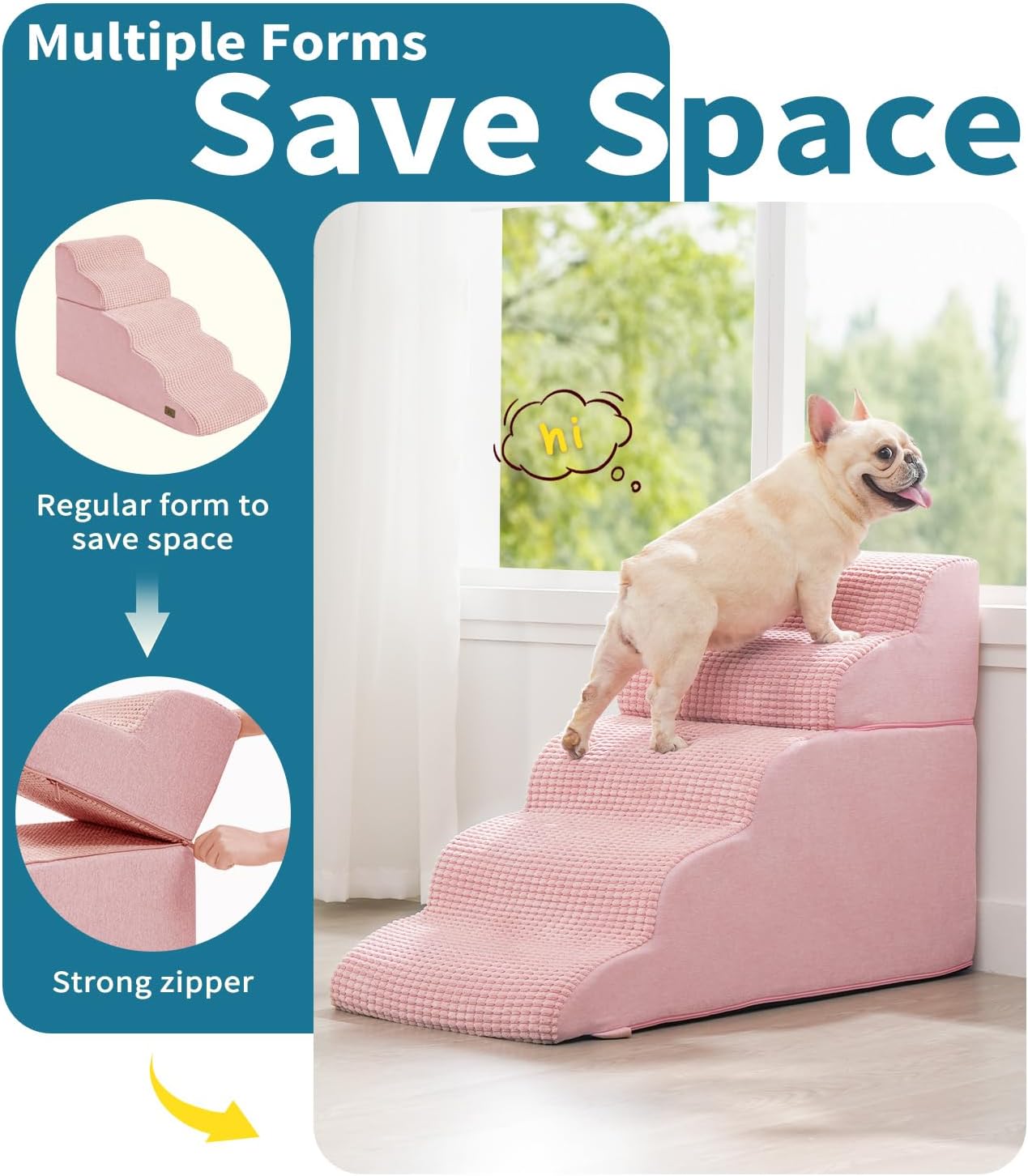 Dog Step for Bed, Dog Stair 5-Step 35D Pet Stair 22.8" H for High Bed or Sofa Non-Slip Balanced Pet Step Indoor, Pink