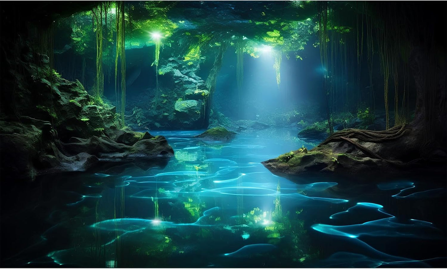 Cave Aquarium Background Underwater Cave with Light Beam Tranquil Stream Terrarium Background Mysterious Elegant Fantasy Tropical Plants Fish Tank Backdrop Wallpaper Poster Decorations Vinyl 36x20in