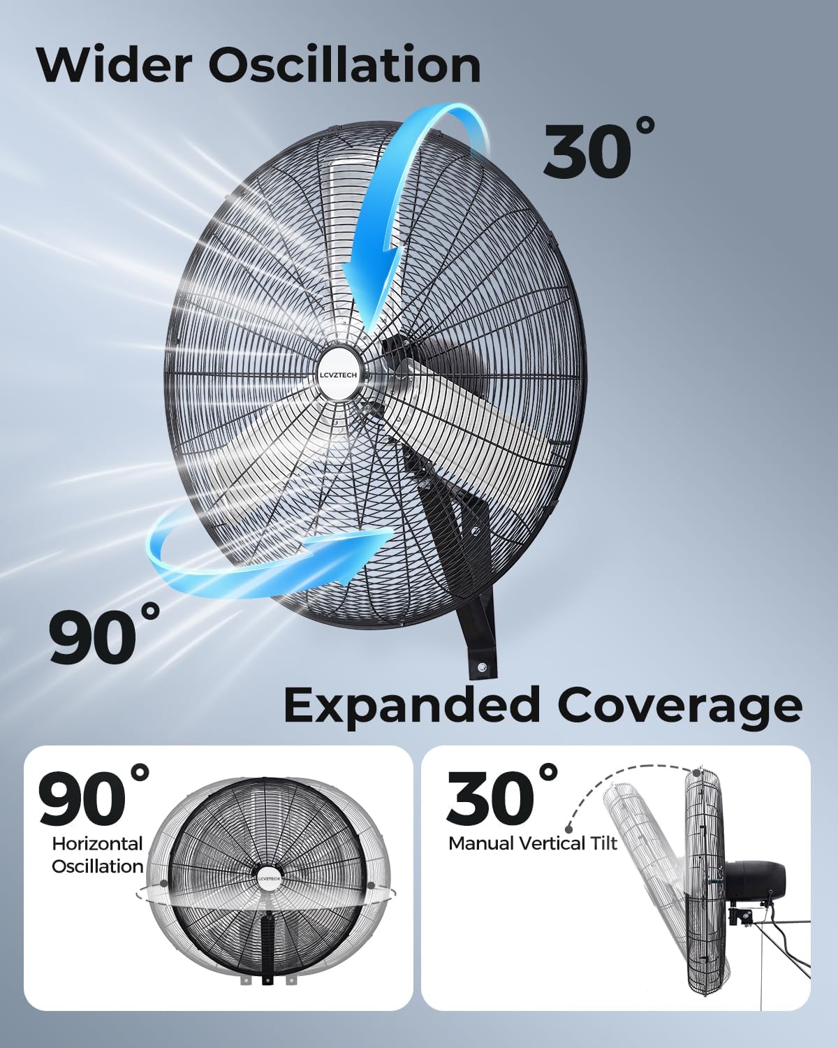30 inch Wall Mount Fan Oscillating, 3-Speed 8850 CFM High Velocity Industrial Wall Mounted Fan, Heavy Duty Air Circulator for Garage, Shop, Gym, Workshop, Covered Patio - UL Listed