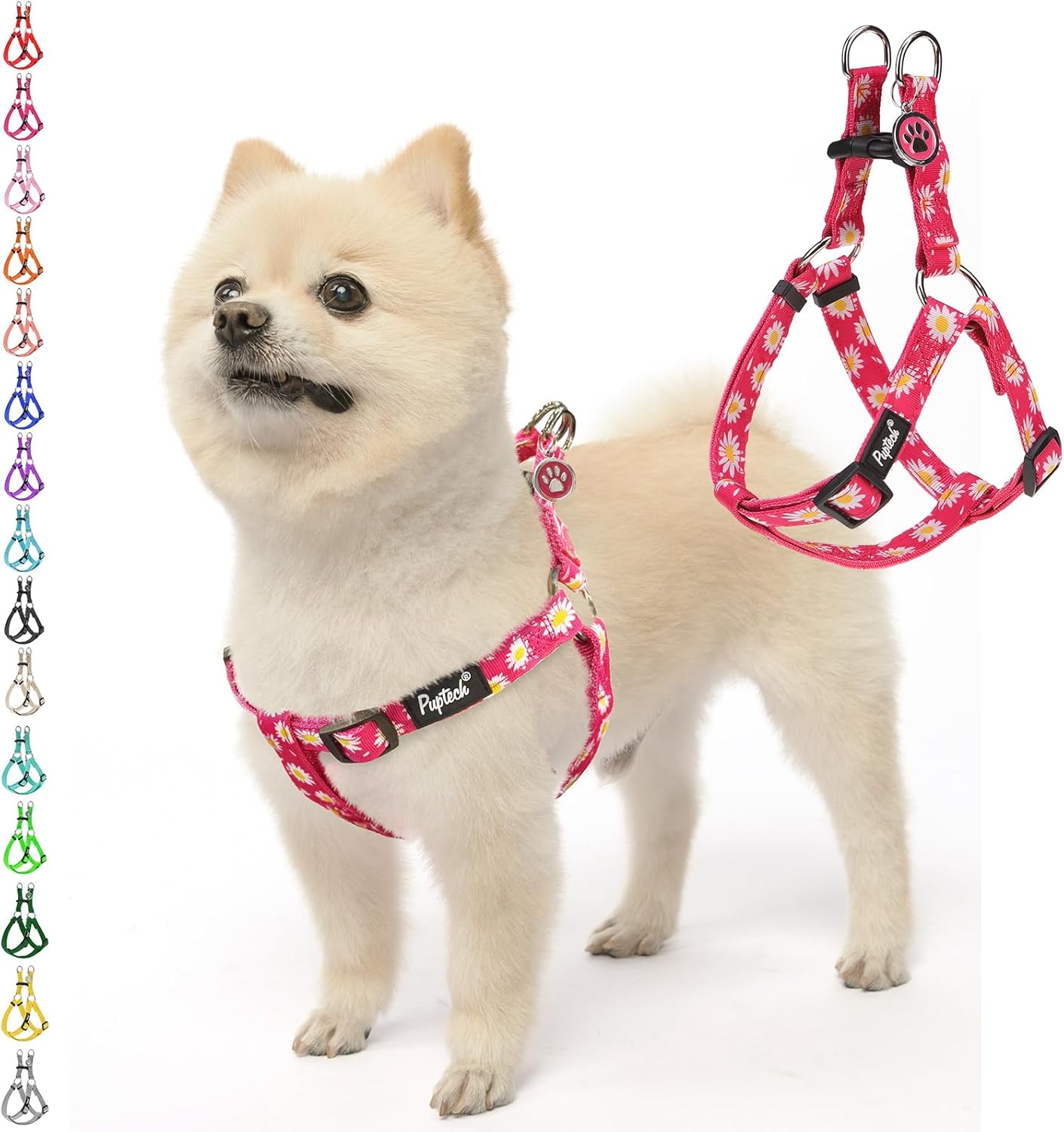 PUPTECK No Pull Dog Harness Soft Adjustable Basic Nylon Step in Puppy Vest Outdoor Walking with ID Tag, Fuchsia Daisy, S