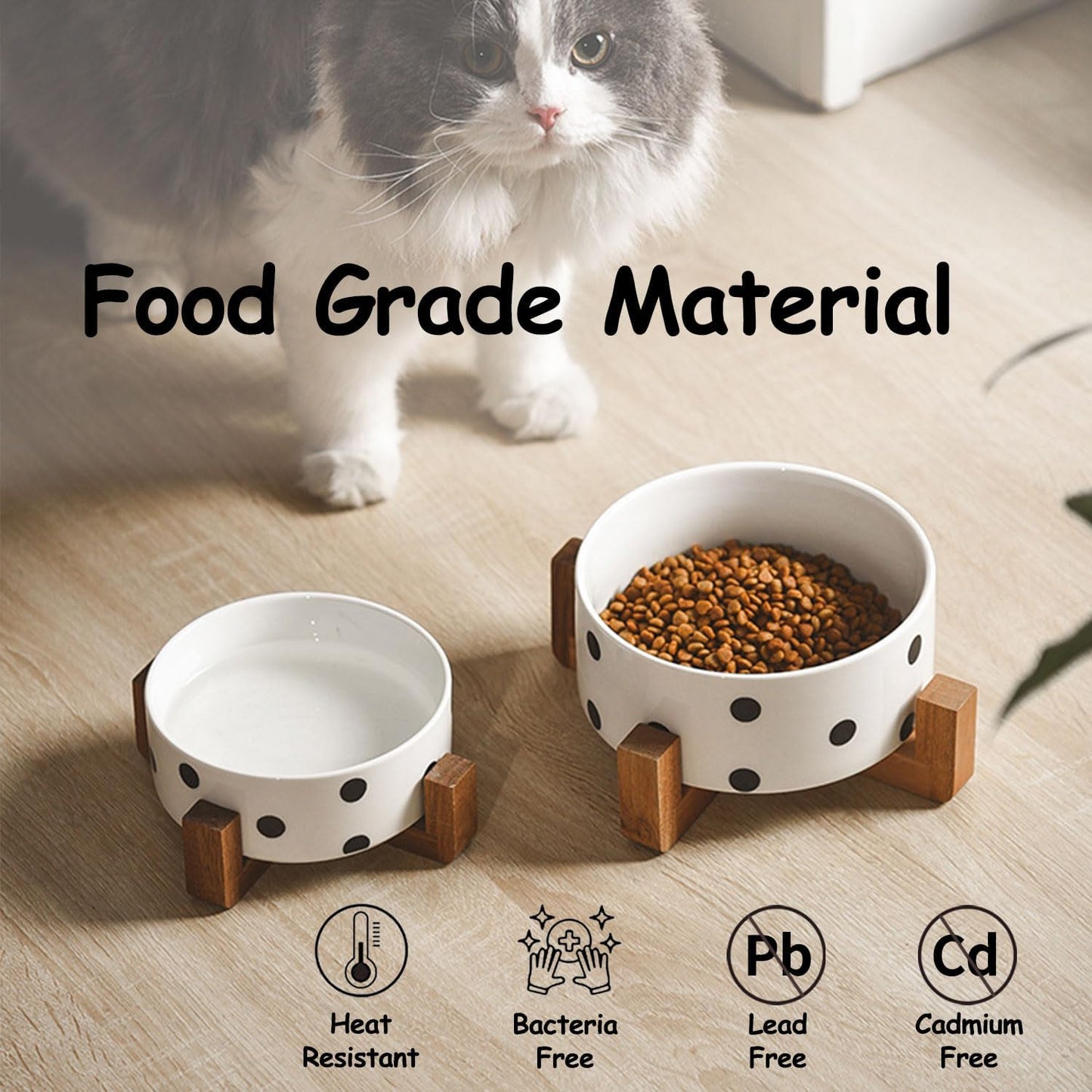 Petygooing Ceramic Dog Bowl Set with Stand - Cat & Dog Food and Water Bowl, Medium Size - Anti-Slip, 28 OZ / 3.6 Cups, Black Dot