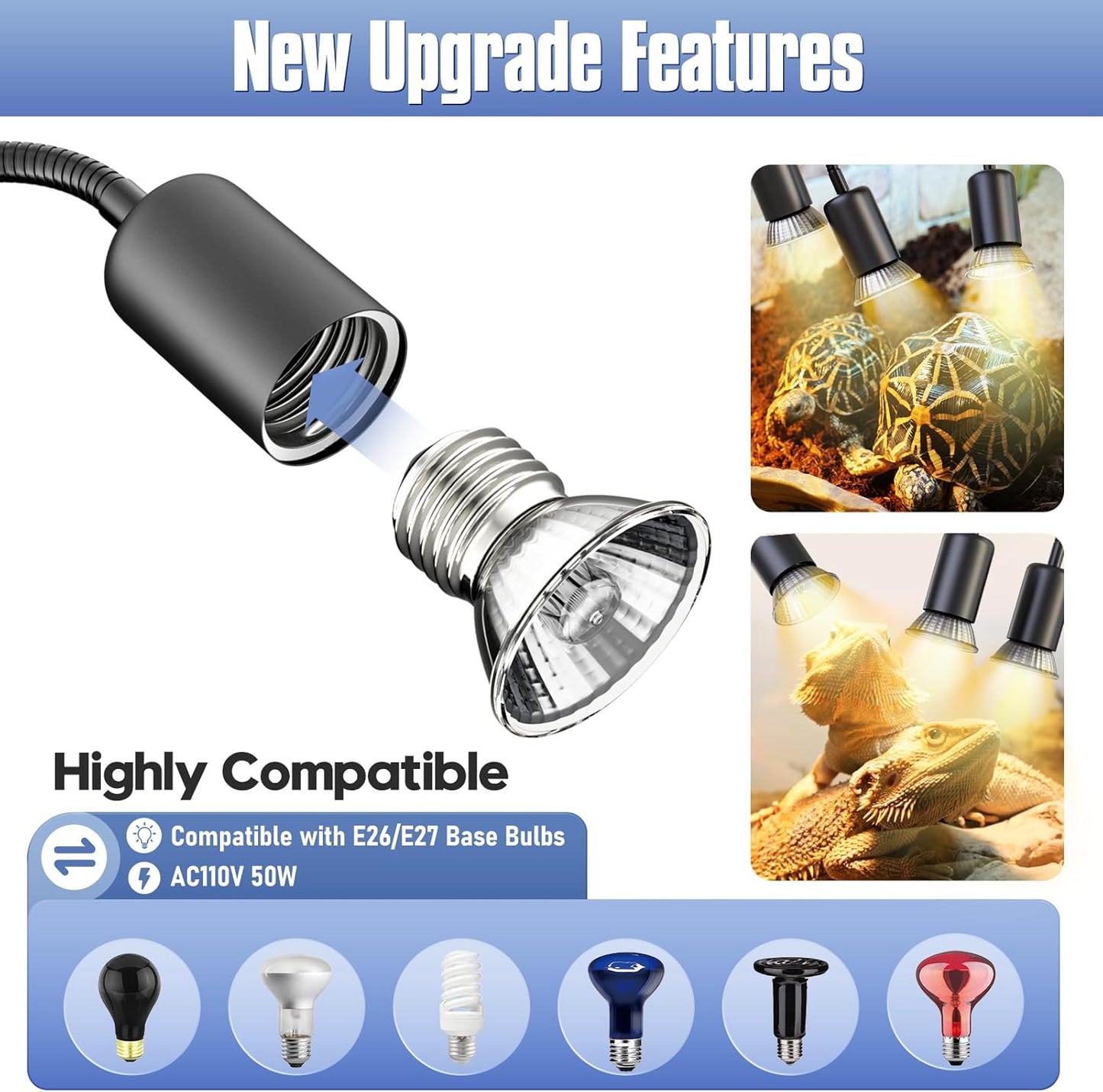 Reptile Heat Lamp, Three Head Reptile Light with Cycle Timer,UVA UVB Light, dimmable Basking lamp for Tortoise, Bearded Dragon, Lizard, Snake, E26/27 Base with 4 Bulbs (50W)-Black