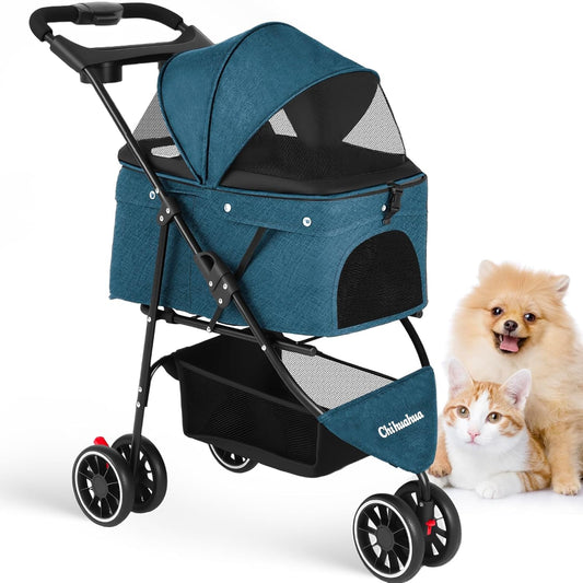 Pet Stroller,Dog Stroller for Small Medium Dogs Cats,3 Wheels,Foldable,with Breathable Mesh Canopy,Cup Holders,Easy Assembly,Green