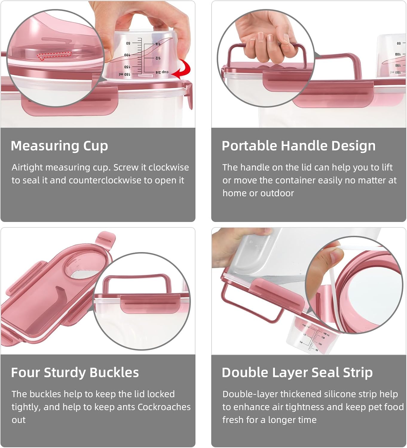 5-7Lbs Dog Cat Food Storage Container with Upgraded Large Nozzle BPA-free, 4 Snap Seals Plastic Pet Food Storage Containers with Handles (1, Clear Pink, 5L)