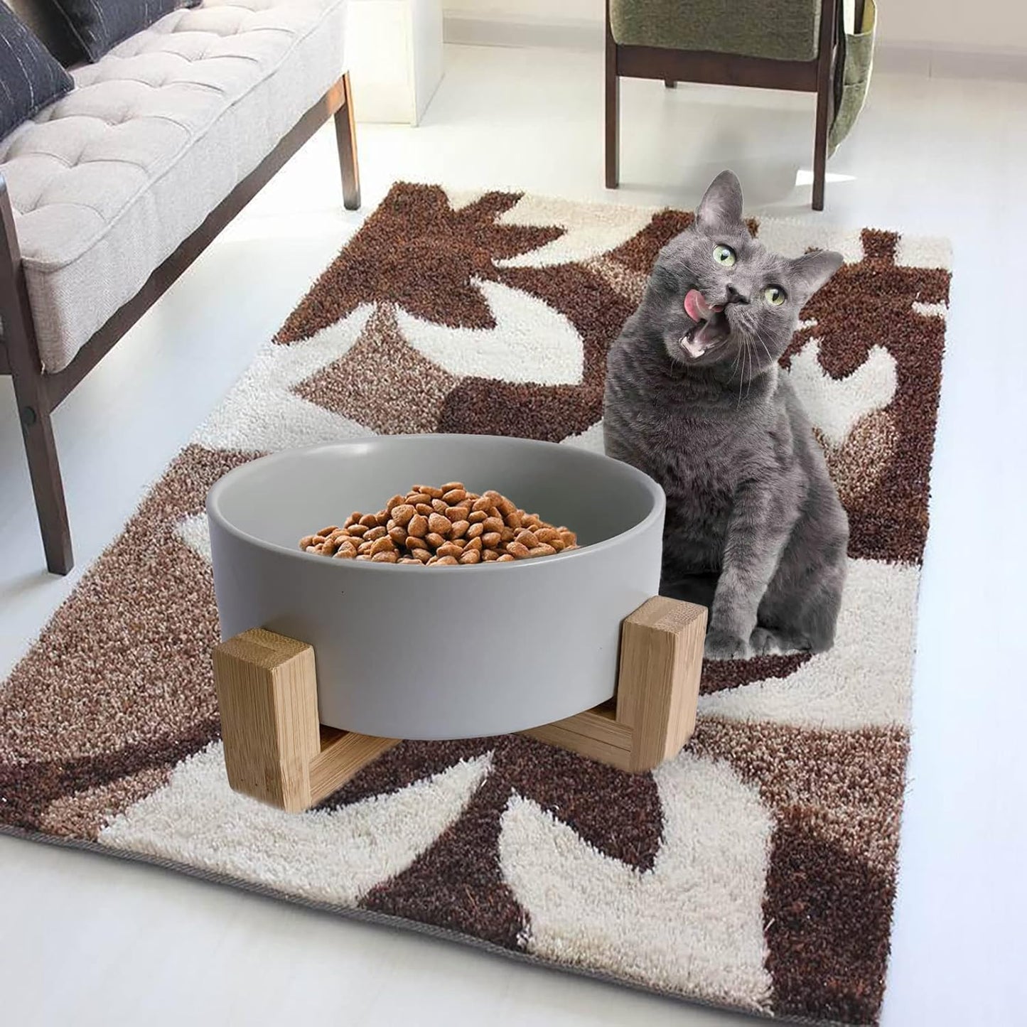 Ceramic Dog Cat Bowl with Wood Stand,Cat Food & Water Bowls Elevated Non-Spill Modern Cute Kitty Dishes Heavy Weighted Round Pet Dishes Set for Small Kitten Grown Cat(Grey)