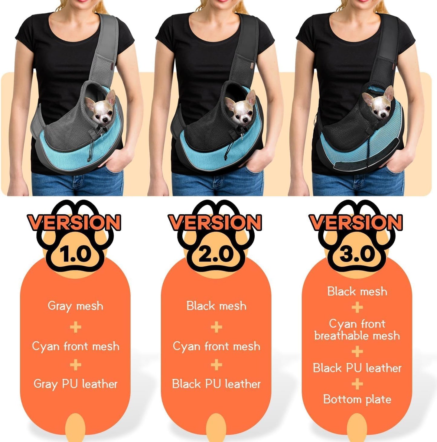 YUDODO Pet Sling Carrier for Small Dogs & Cats – Hands-Free Puppy Carrier with Safety Hook, Large Zipper Pocket, Soft Breathable Mesh, Adjustable Strap & Reflective Strip (Cyan 3.0 M)