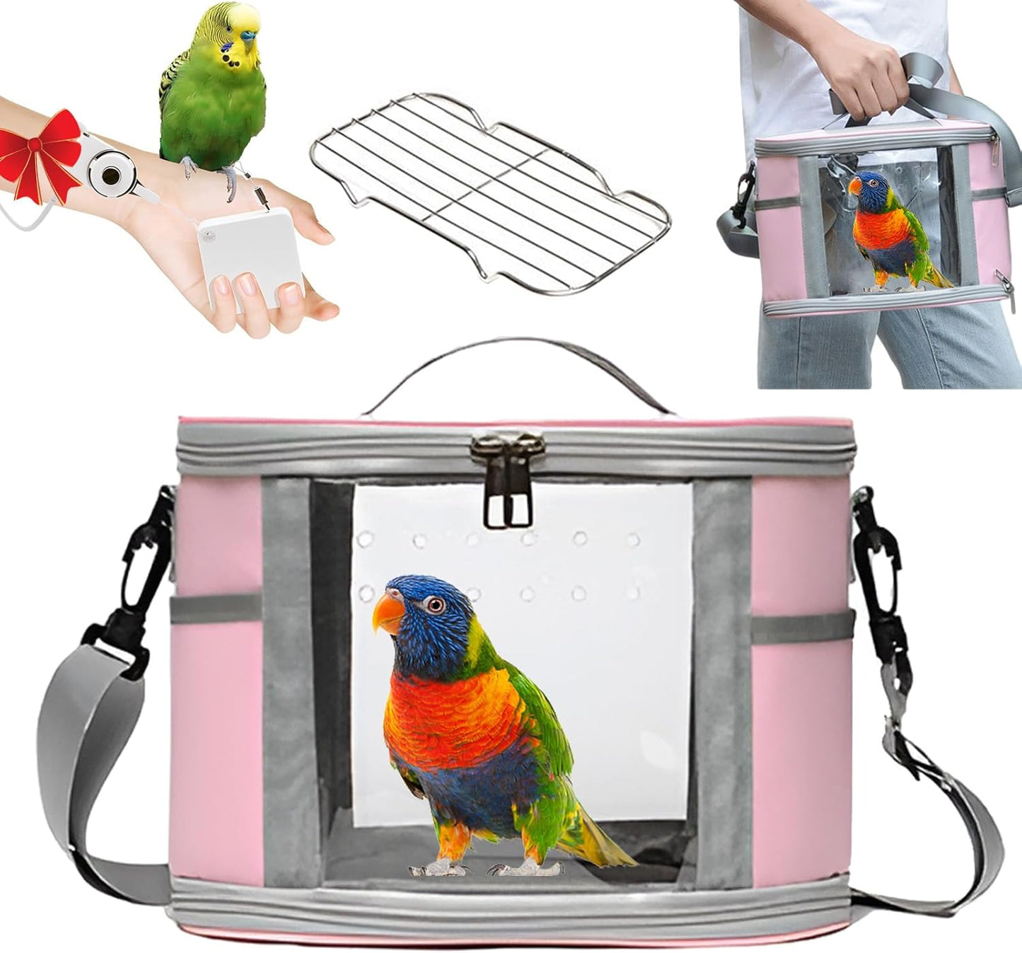 Bird Travel Carrierm, Small Bird Travel Backpack Carrier Cage with Tray and Breathable Clear Window, for Parakeet Cockatiel Budgies, for Camping Hiking (Large-Pink)