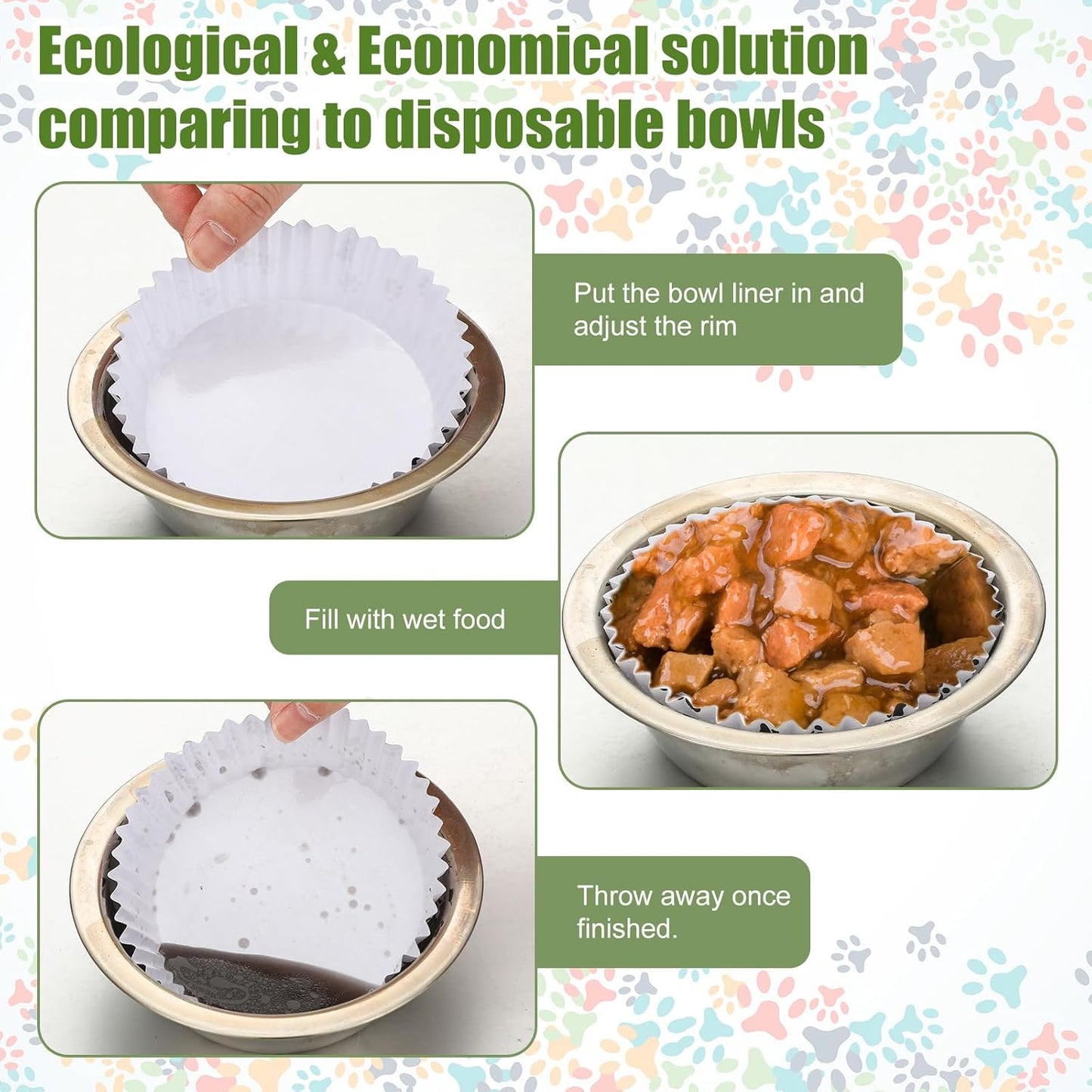 meekoo 600 Pcs Large Pet Disposable Feeding Bowls Liner Bulk Cat Food Bowls Small Paper Dish Paper Liner for Small Dogs Cats Dish Wet Food Feeding Station(White,Paw)