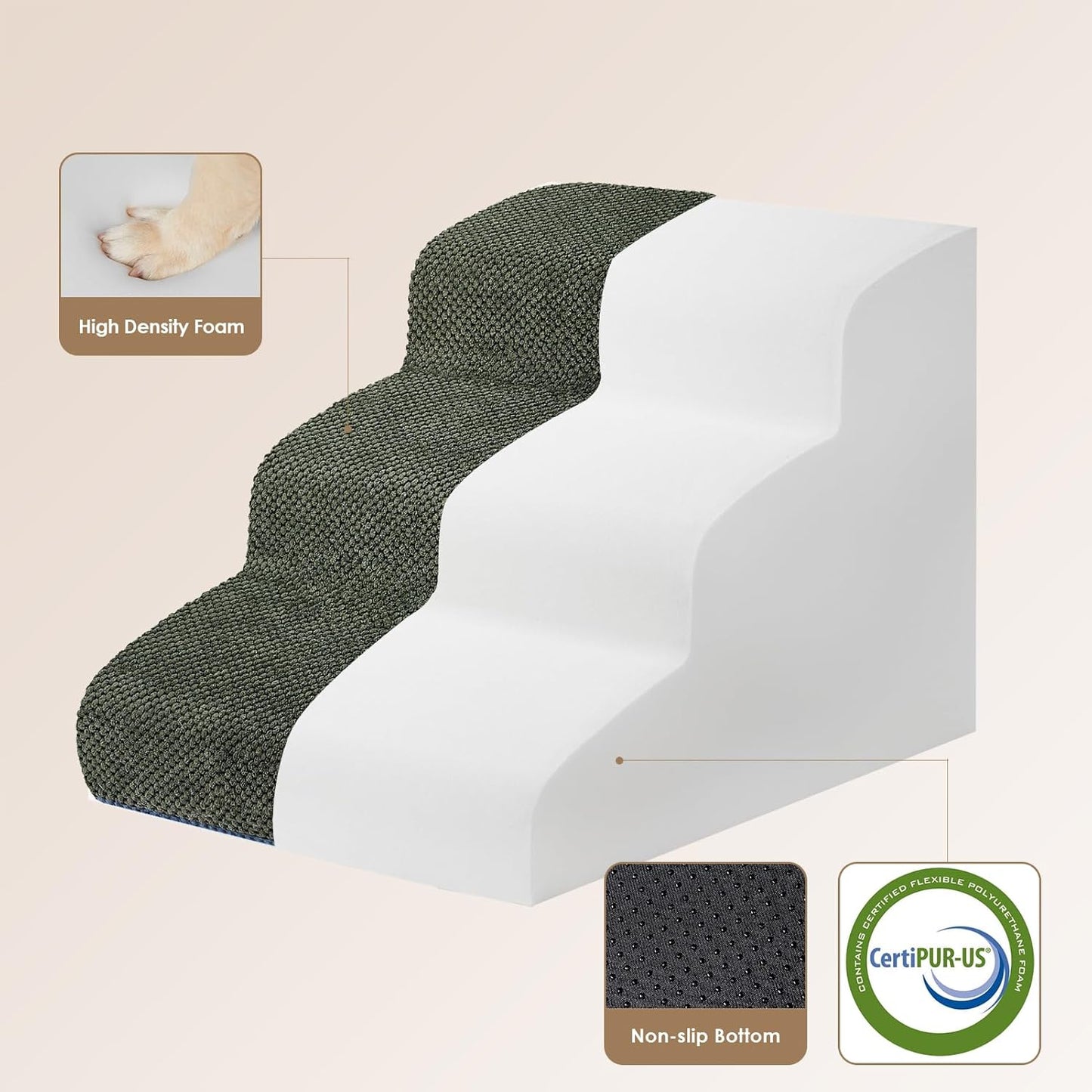 EHEYCIGA Curved Dog Stairs Ramp for Small Dogs 15.7" H, 3-Step Dog Steps for Couch Sofa and Chair, Pet Stairs for Cats, Non-Slip Balanced Pet Steps Indoor, Olive Green