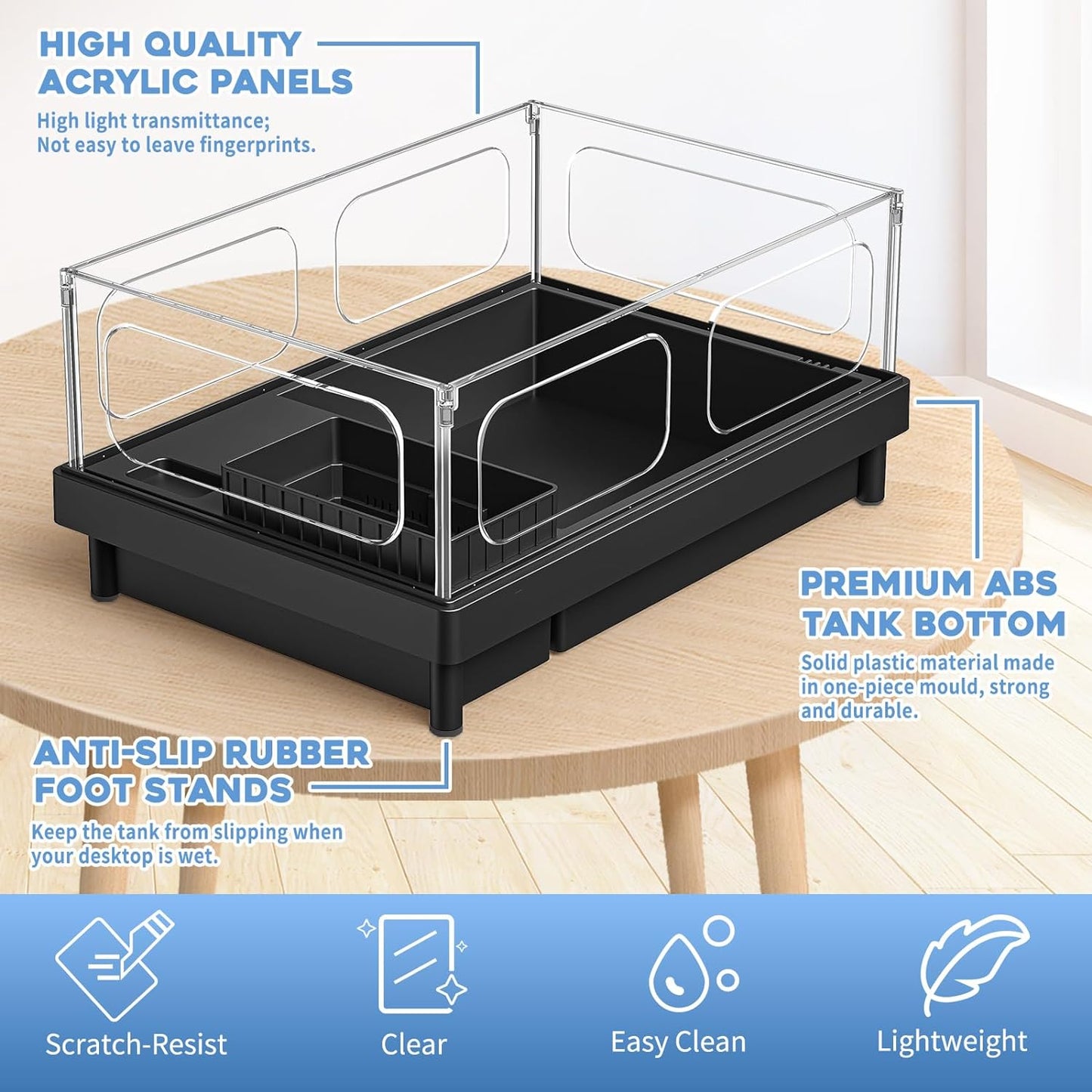 Small Turtle Tank, Aquarium, Acrylic Terrarium with Basking Platform, Bottom Drainage, Multi-Function Areas for Turtles, Crabs, Crayfish, Reptiles.(Black+Filter)
