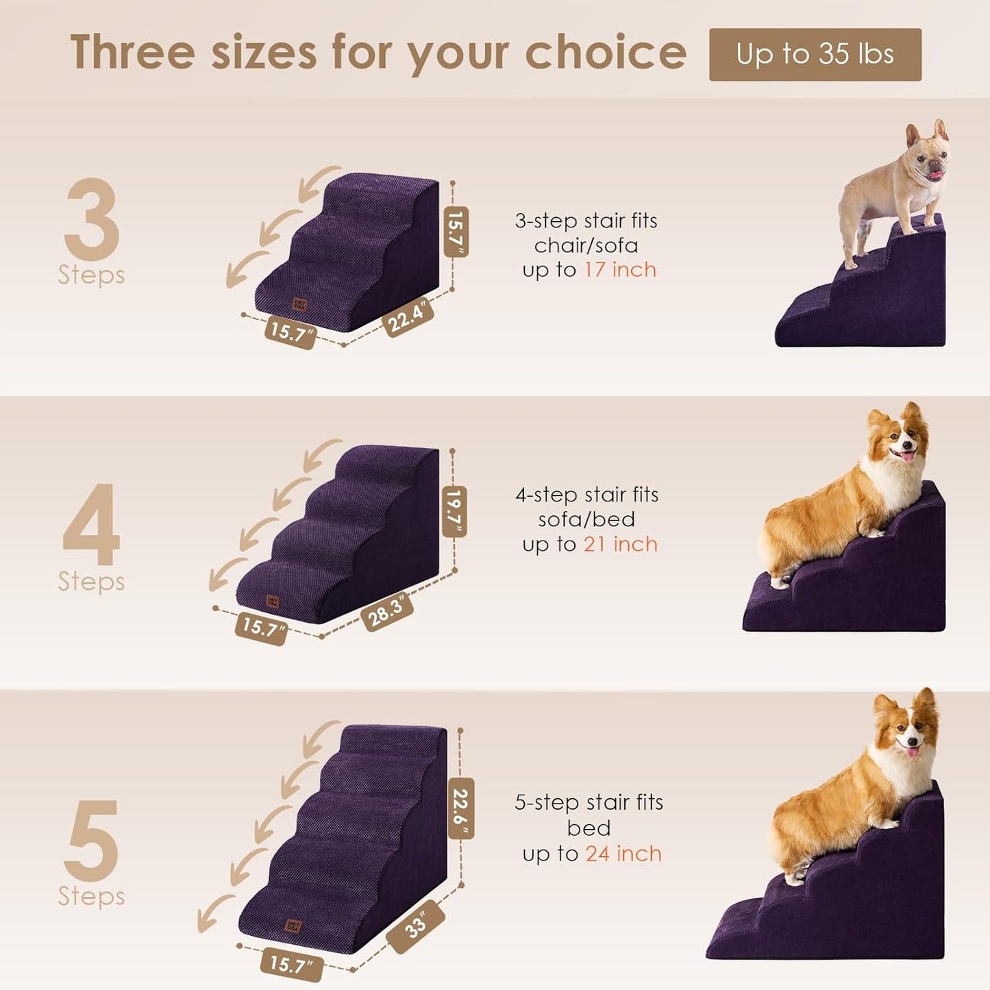 EHEYCIGA Curved Dog Stairs Ramp for High Beds 22.6" H, 5-Step Dog Steps for Small Dogs and Cats, Pet Stairs for High Bed Climbing, Non-Slip Balanced Pet Step Indoor, Purple