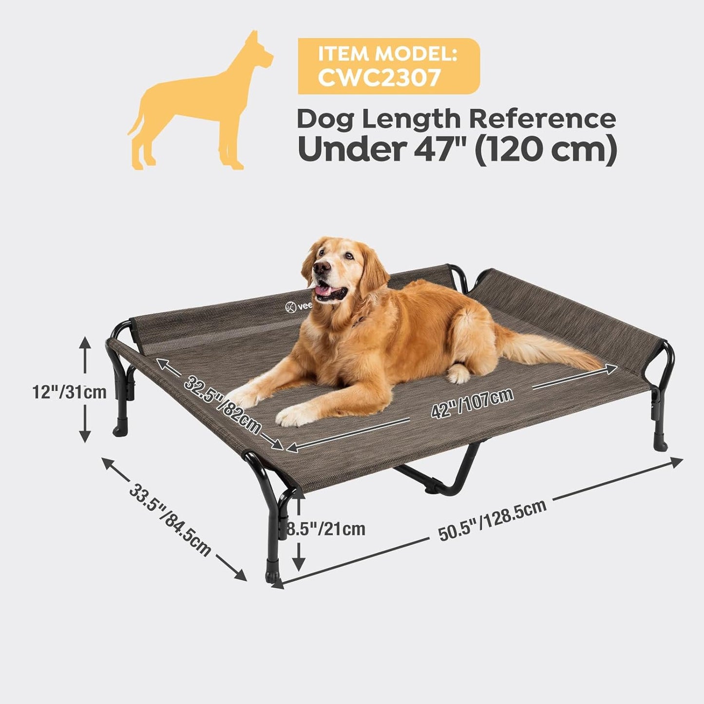 Veehoo Cooling Elevated Dog Bed, XL Raised Pet Cot with Guardrail & Slope Headrest, Durable Breathable Teslin Mesh, Non-Slip Feet, Washable Dog Couch Bed for Indoor & Outdoor, 50.5" x 33.5, Brown