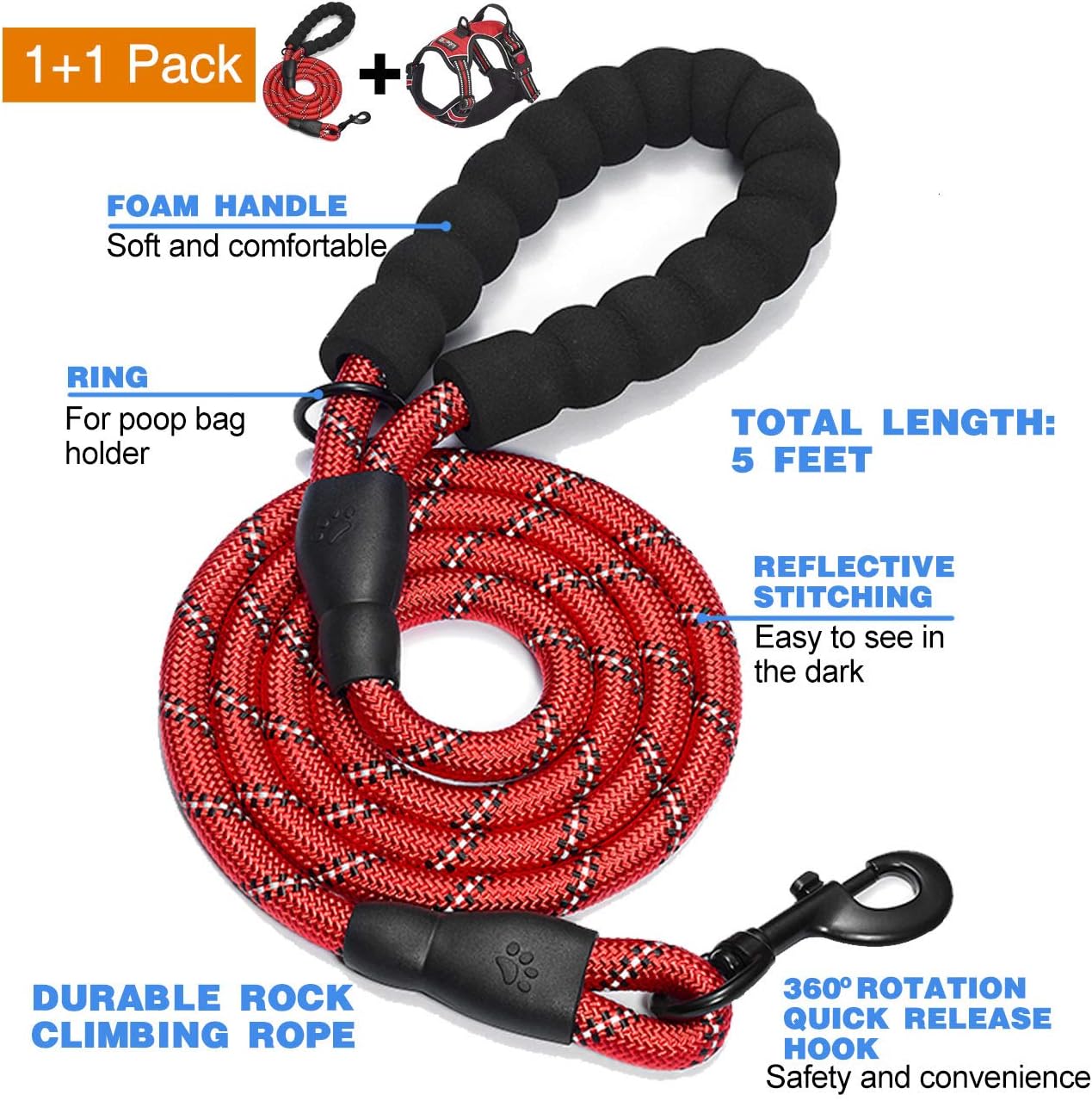 No Pull Dog Harness Adjustable Reflective Oxford Easy Control Medium Large Dog Harness with A Free Heavy Duty 5ft Dog Leash (L (Neck: 18"-25.5", Chest: 24.5"-33"), Red Harness+Leash)