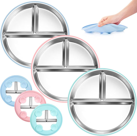Bella's Friends Stainless Steel Toddler Plates Silicone Suction,3 Packs Non-Slip Baby Plates,Divided Portion,Food-Grade Silicone Plate for Kids,LEAD-FREE Dishwasher Safe, Green Blue Pink