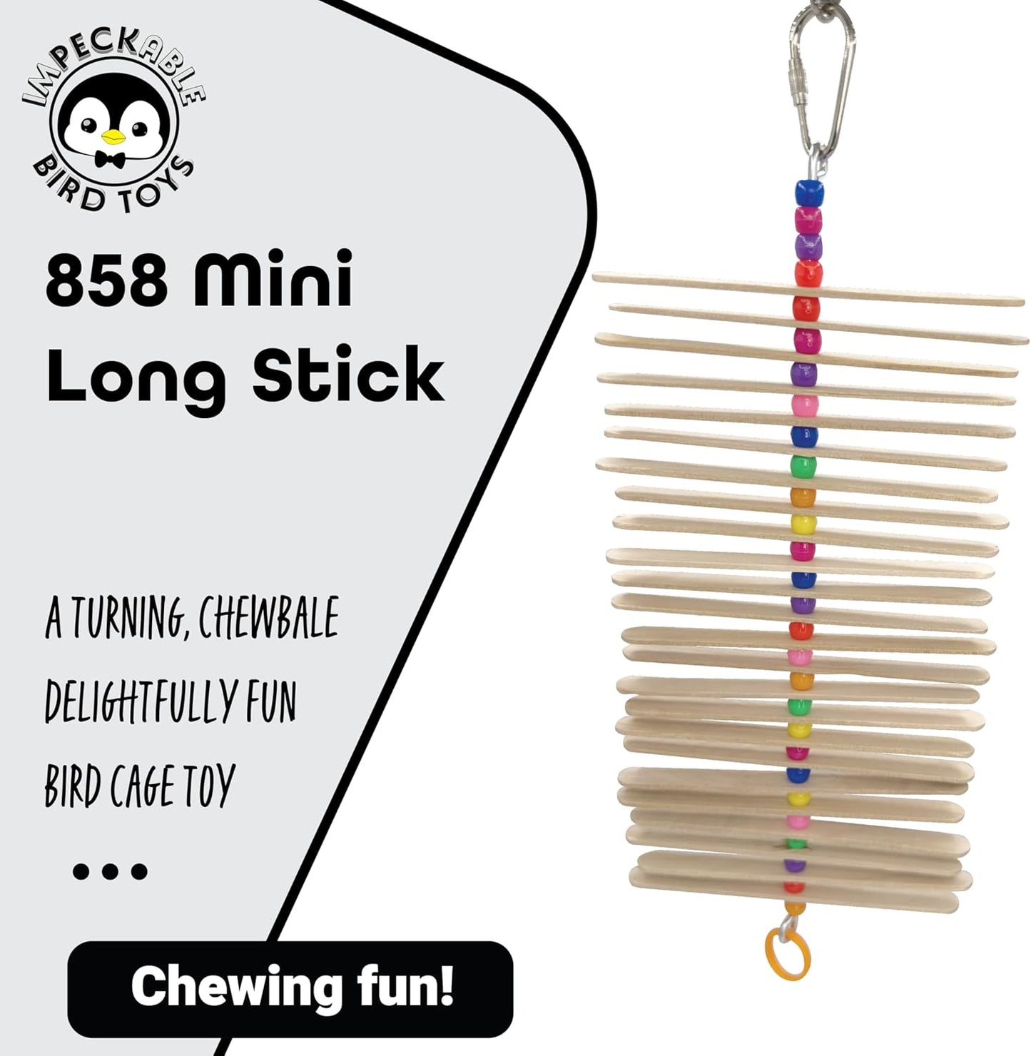 858 Mini Long Stick Toy - Handcrafted with Wooden Slats, Plastic Beads and Rubber Ring, Sticks Turn Around as Pets Play, Great for Budgies, Lovebirds, Parrotlets and Other Small Birds