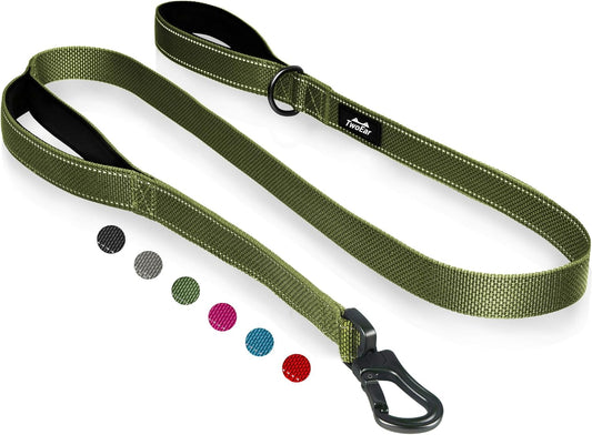 TwoEar 5FT 1IN Strong Green Dog Leash with 2 Padded Handles, Traffic Handle Extra Control, Comfortable Soft Dual Handle, Auto Lock Hook, Reflective Walking Lead for Small Medium and Large Dogs