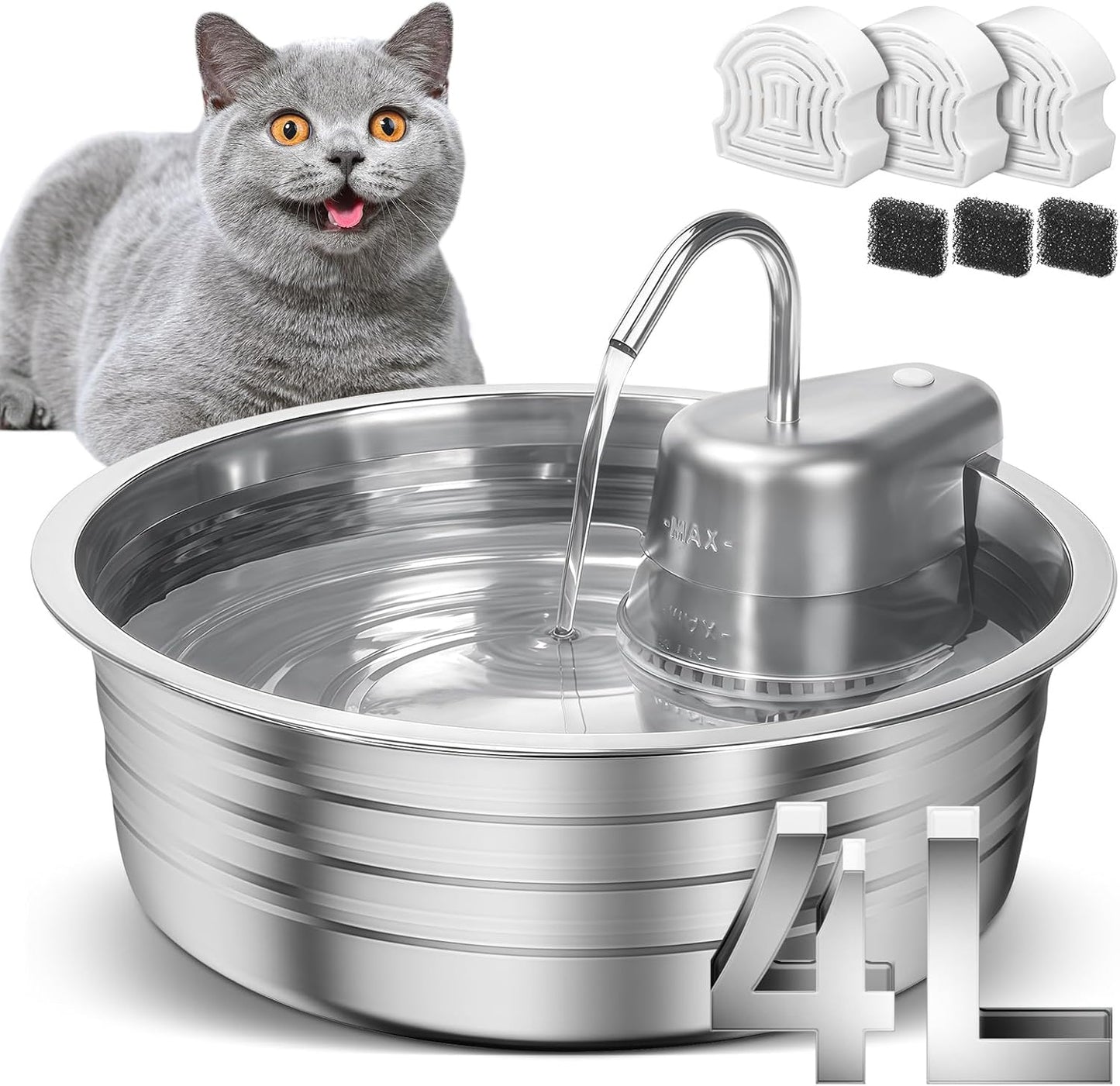Cat Water Fountain, 4L/135OZ Stainless Steel Pet Fountain Dog Water Dispenser with 3 Filters & 3 Sponges, Dog Water Bowl Cat Drinking Fountains Watering Supplies with Ultra-Quiet Pump for Pets Indoor