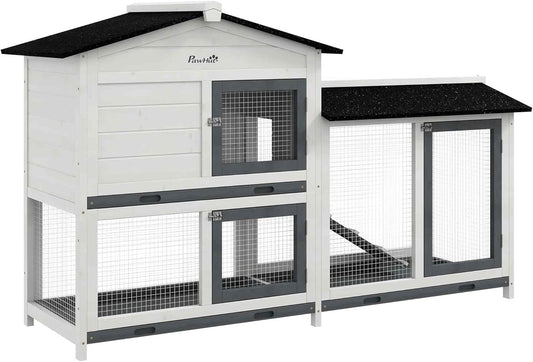 PawHut 62" Rabbit Hutch, Wooden Bunny Hutch, Guinea Pig Cage, Small Animal Enclosure with Run Area, Removable Tray, Asphalt Roof, Lockable Doors and Ramp, for Rabbits, Chickens, Ducks, White