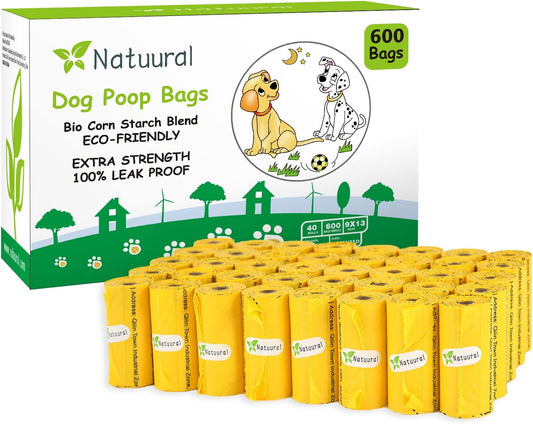 Dog Poop Bags Rolls-600 Counts, 40Rolls, Biodegradable Poop Bags Made of Cornstarch, 100% Leak Proof and Easy to Open (Yellow)