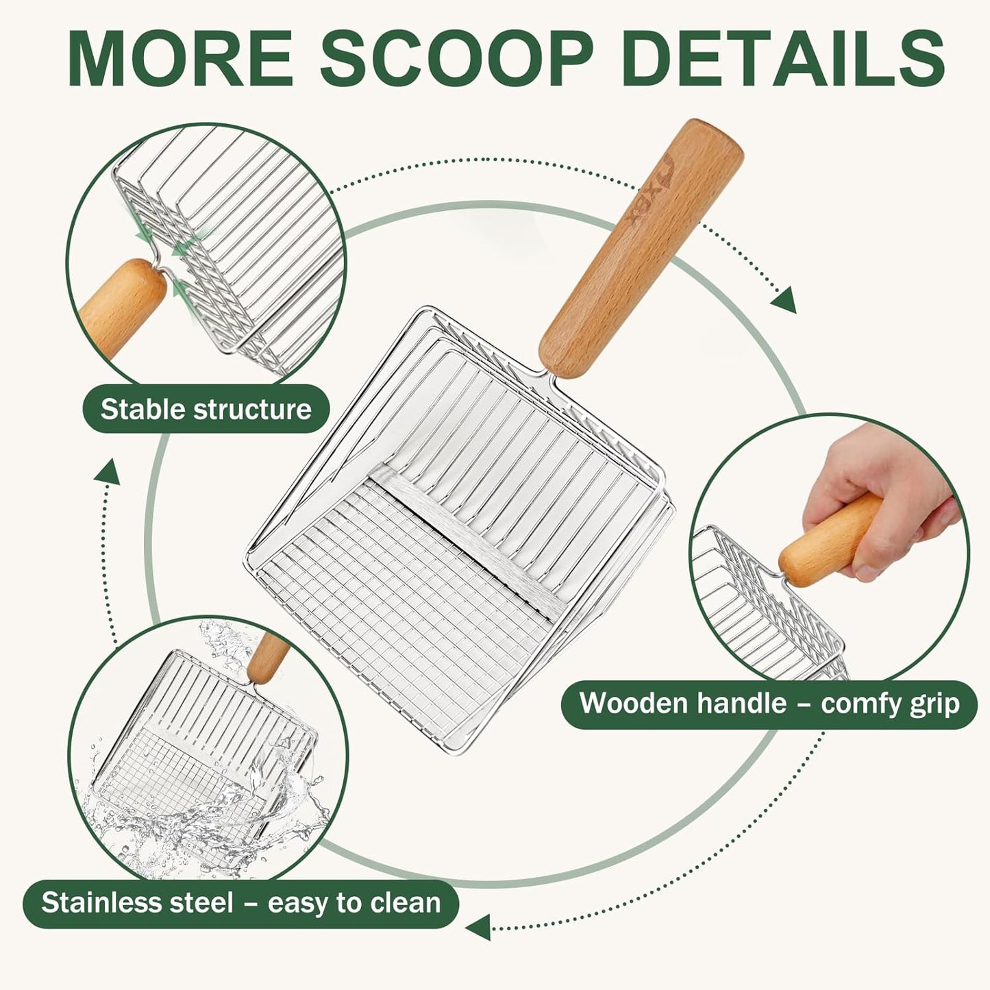 XBX Cat Litter Scoop with Holder, Heavy Duty Litter Sifter, Stainless Steel Litter Shovel, Litter Scooper with Beech Wood Grip and Washable Stand, Perfect for Cat Litter Box Cleaning