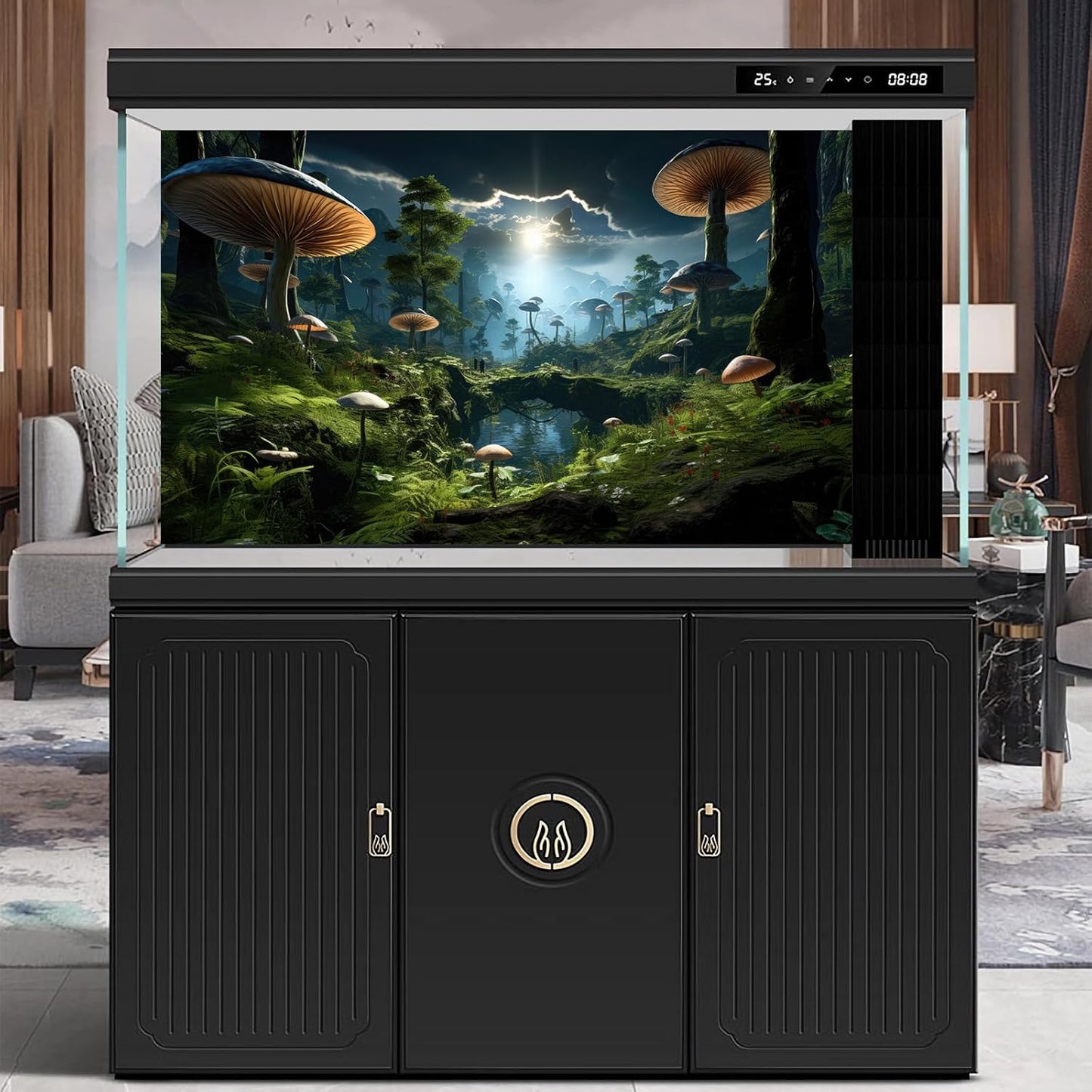 Fantasy Mushrooms Landscape Aquarium Background Tranquil Stream Cloudy Sky Terrarium Background Lush Green Tropical Plants Trees Fish Tank Backdrop Decoration Tank Background Poster 72x24in